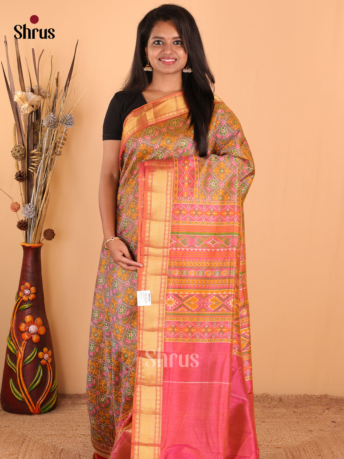 Brown with Orange - DDS16014 - Semi Patola Saree - Shop on Shrus.com