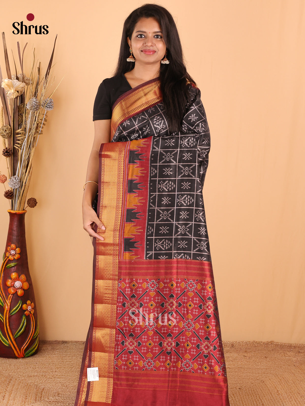 Black with Maroon - DDS16018 - Semi Patola Saree - Shop on Shrus.com