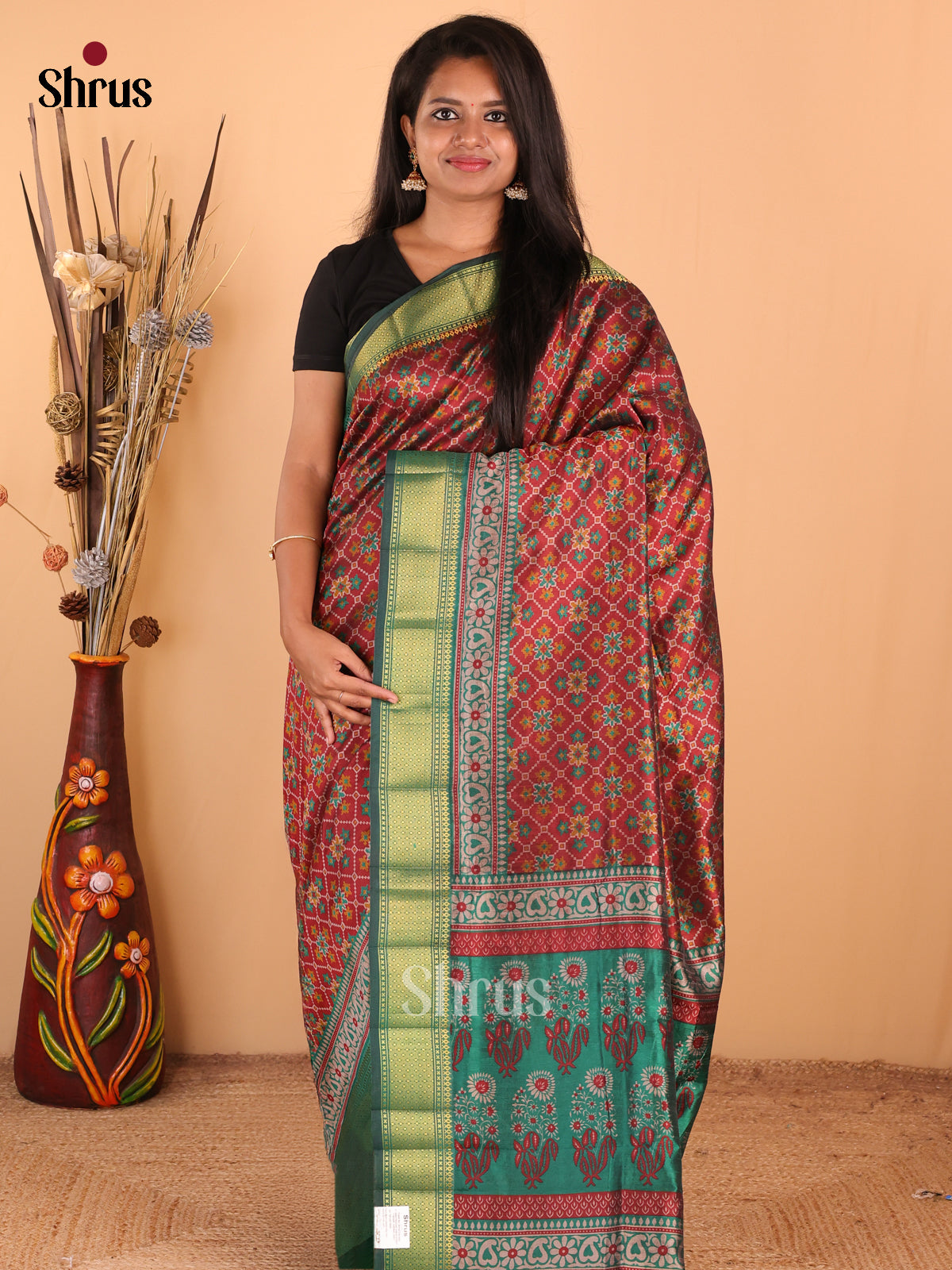 Brown with Green - DDS16025 - Semi Patola Saree - Shop on Shrus.com