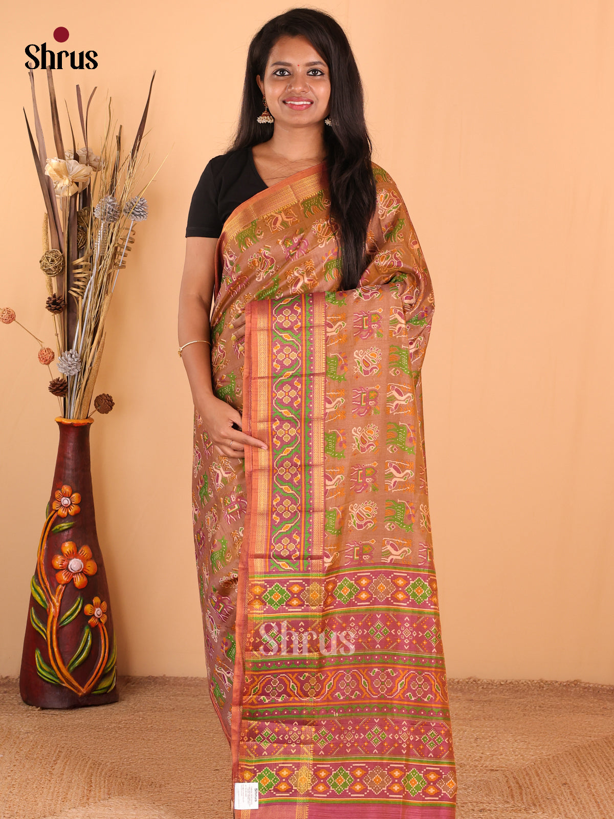 Brown with Purple - DDS16030 - Semi Patola Saree - Shop on Shrus.com