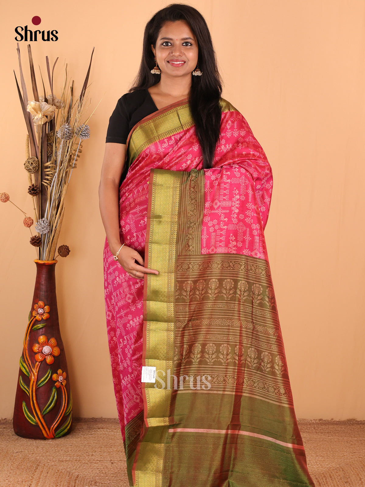 Pink with Green - DDS16037 - Semi Patola Saree - Shop on Shrus.com