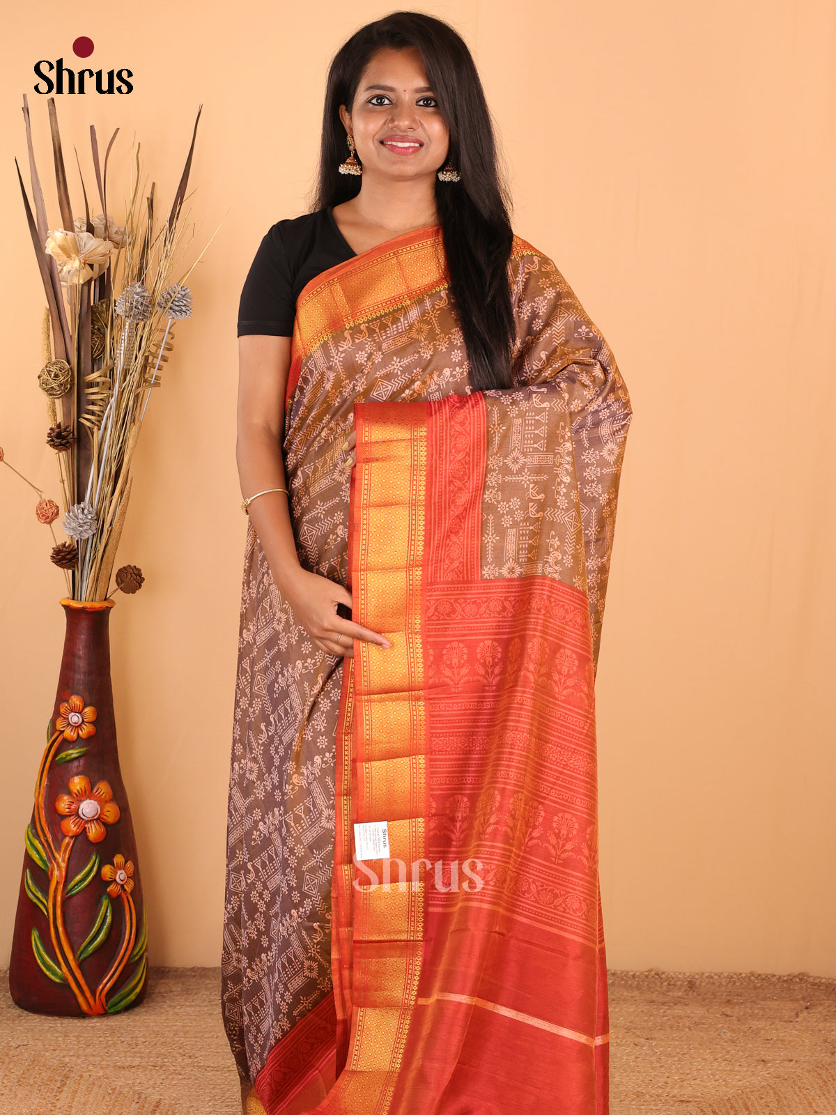 Brown with Orange - DDS16041 - Semi Patola Saree - Shop on Shrus.com