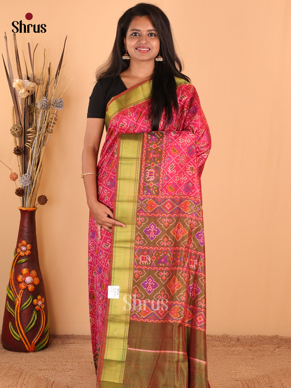 Pink with Green - DDS16047 - Semi Patola Saree - Shop on Shrus.com