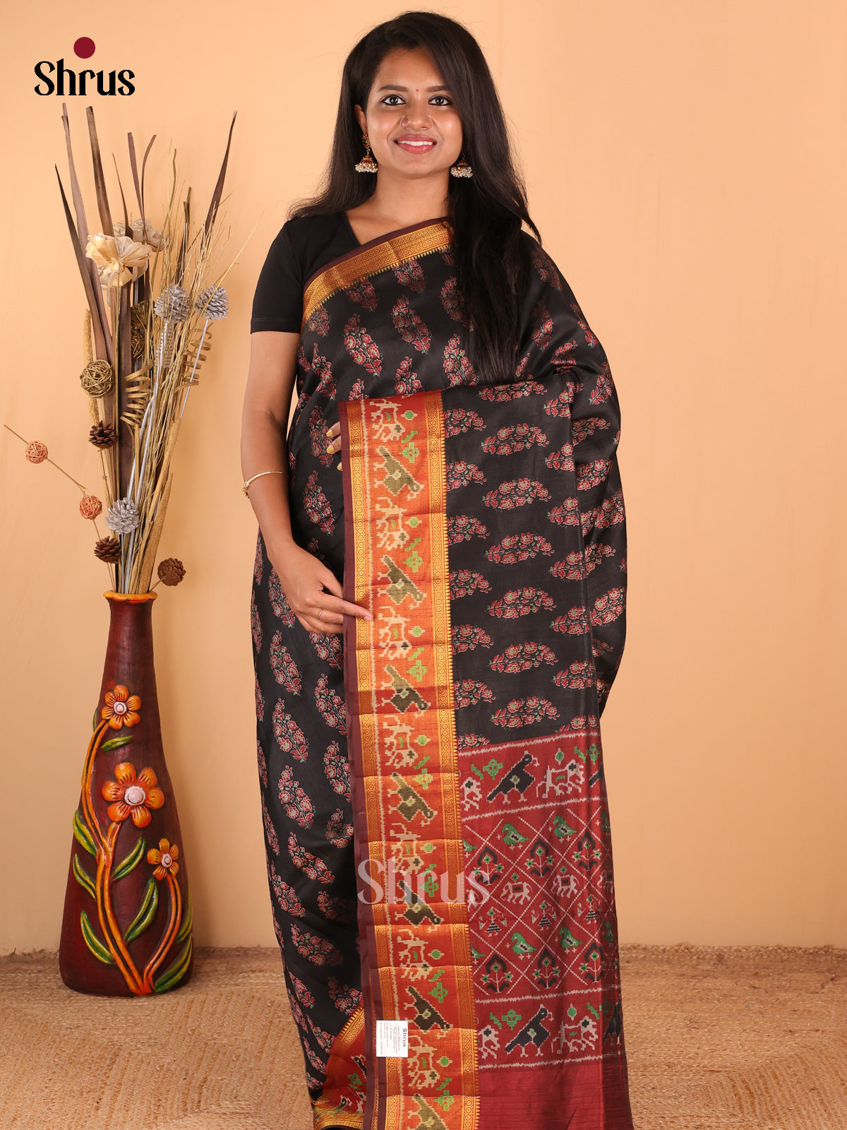 Black with Maroon - DDS16053 - Semi Patola Saree - Shop on Shrus.com