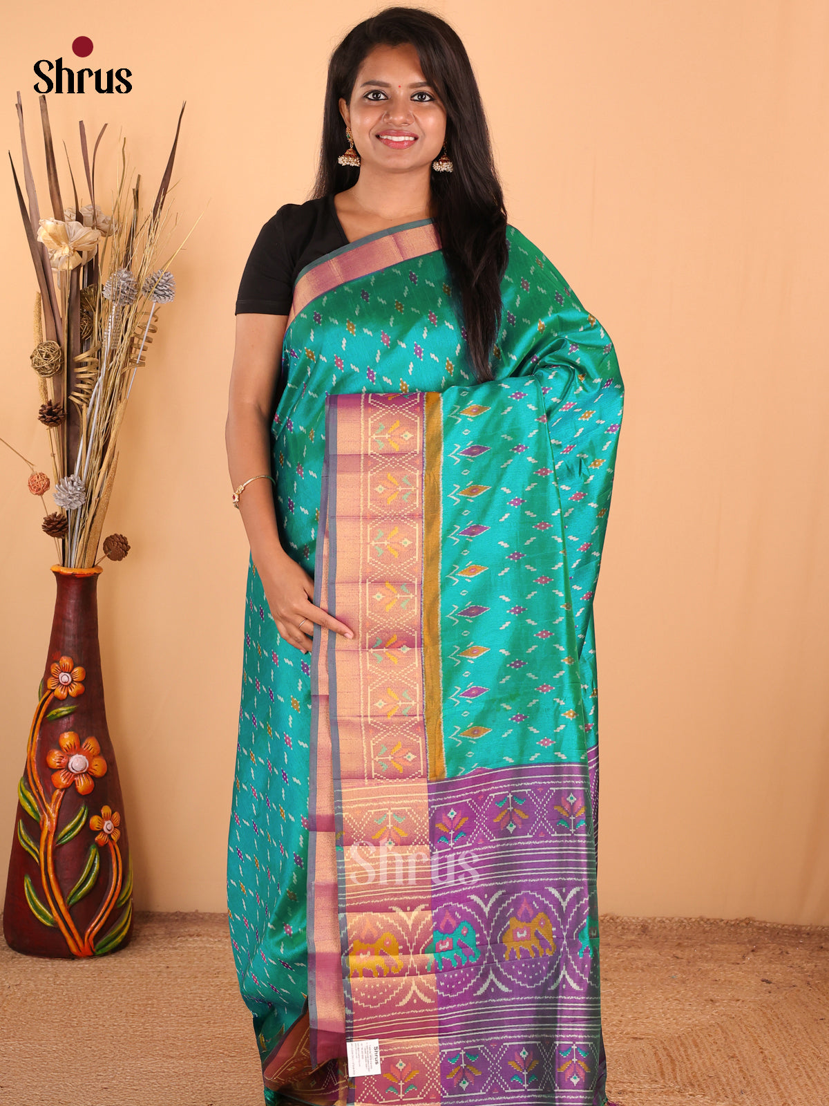 Green with Purple - DDS16068 - Semi Patola Saree - Shop on Shrus.com