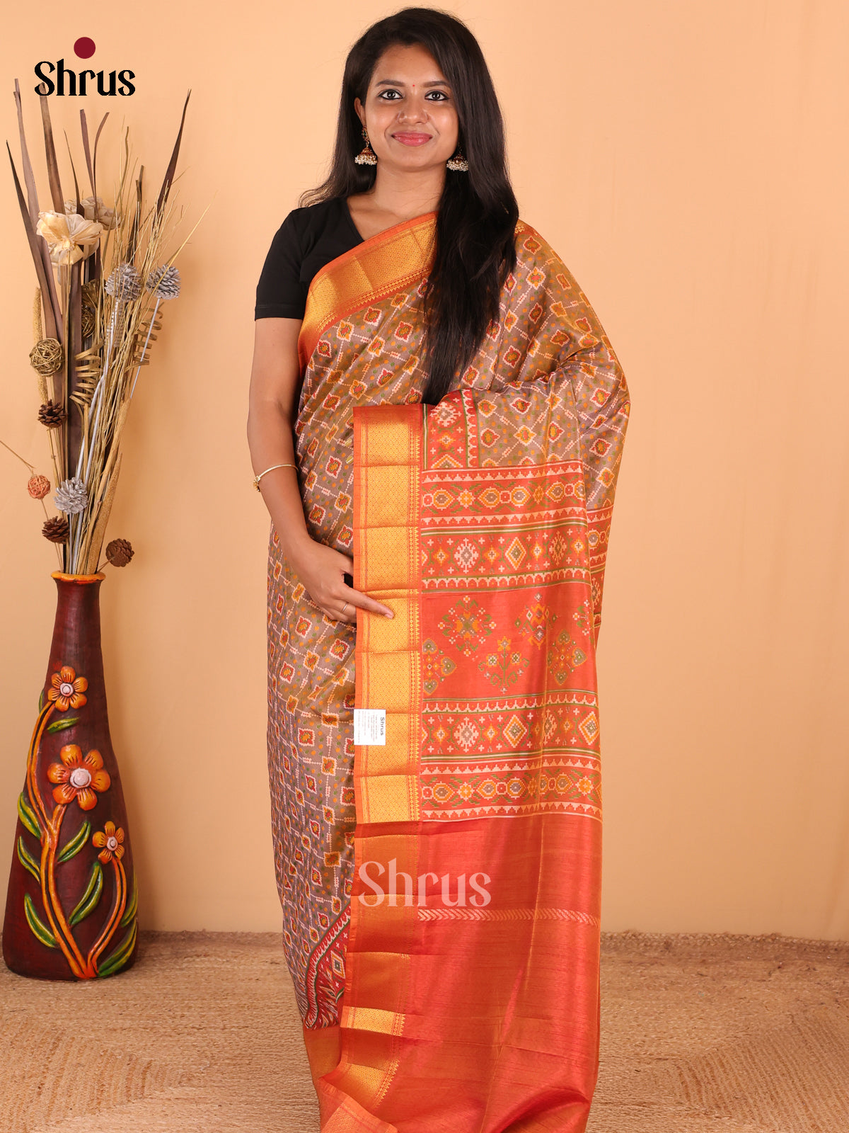 Brown with Orange - DDS16094 - Semi Patola Saree - Shop on Shrus.com