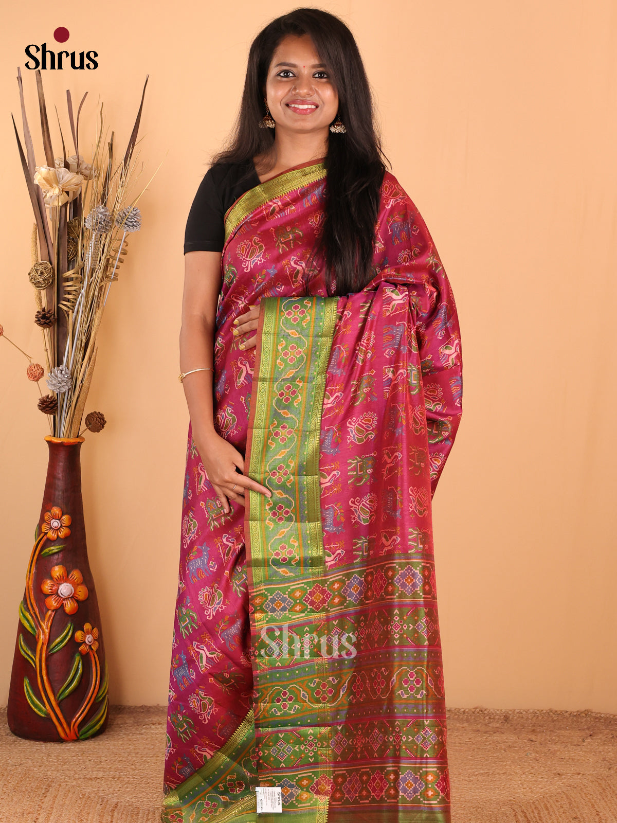 Maroon with Green - DDS16096 - Semi Patola Saree - Shop on Shrus.com