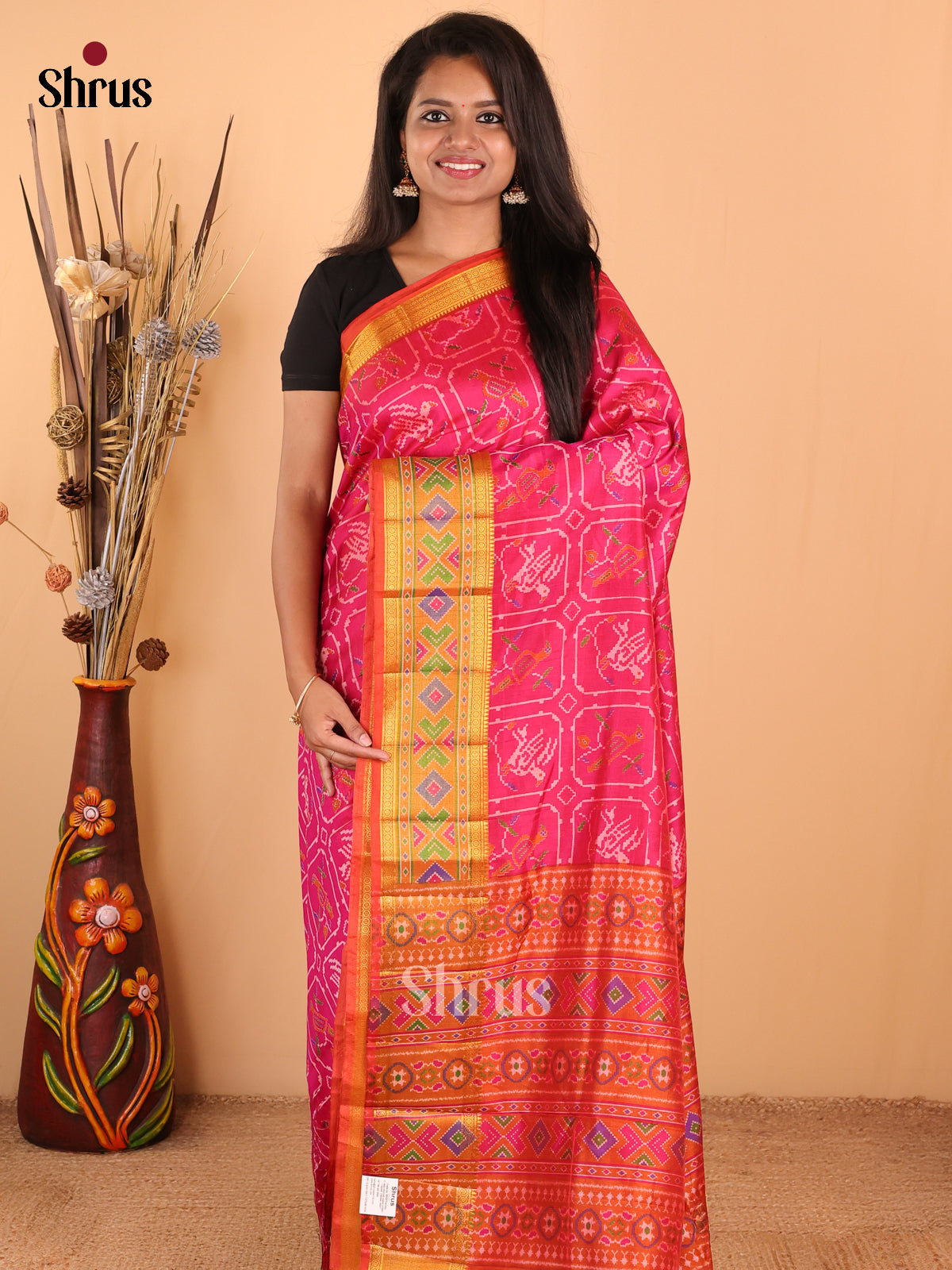 Pink with Orange - DDS16099 - Semi Patola Saree - Shop on Shrus.com