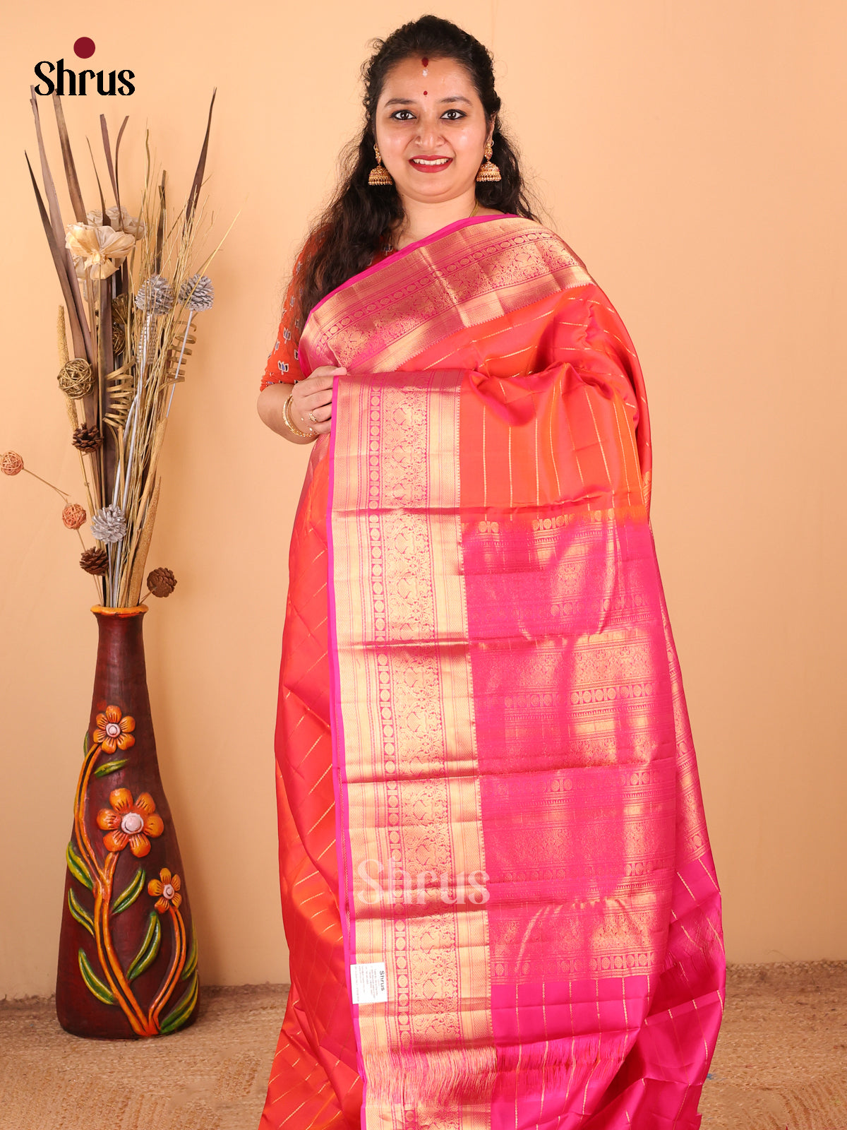 Radiant Orange Kanchipuram silk Saree with zari stripes ,brocade pallu - Shop on Shrus.com