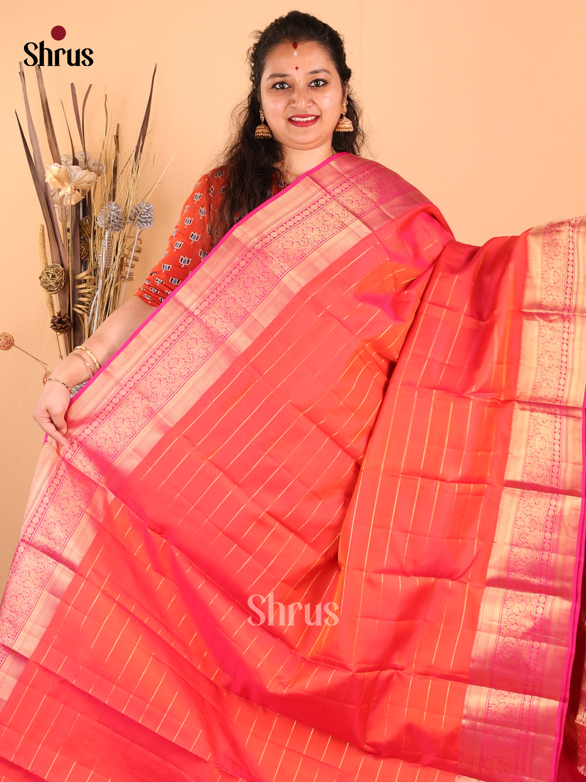 Radiant Orange Kanchipuram silk Saree with zari stripes ,brocade pallu - Shop on Shrus.com