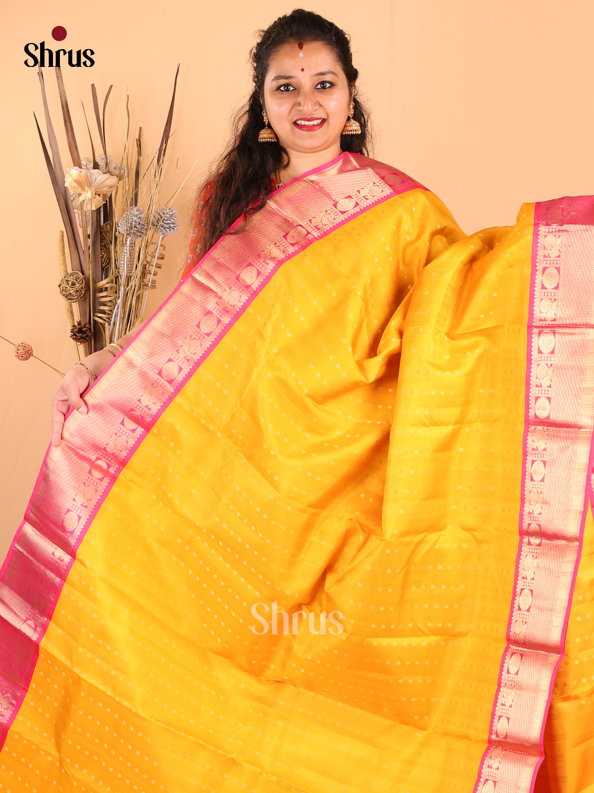 Glorious Yellow Kanchipuram silk Saree with zari buttas , stripe pallu - Shop on Shrus.com