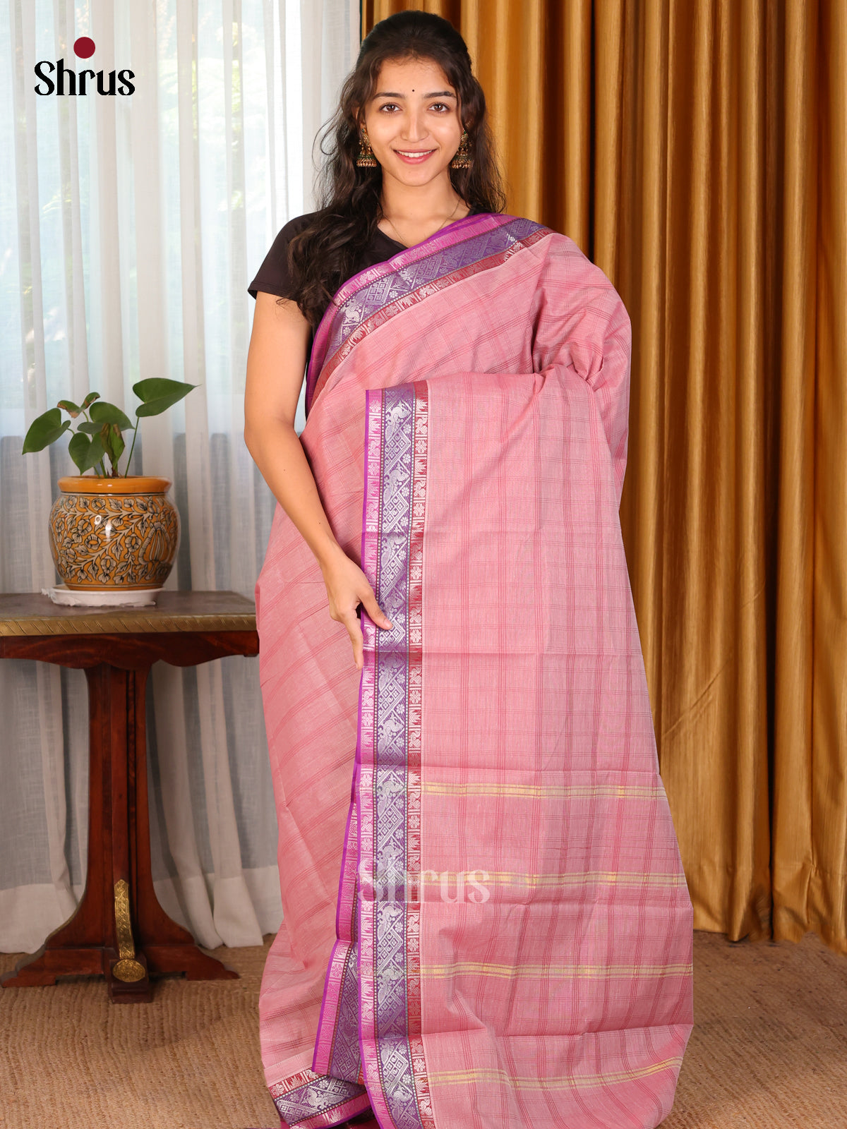 Pink with Purple - DDS18034 - South Cotton Saree - Shop on Shrus.com