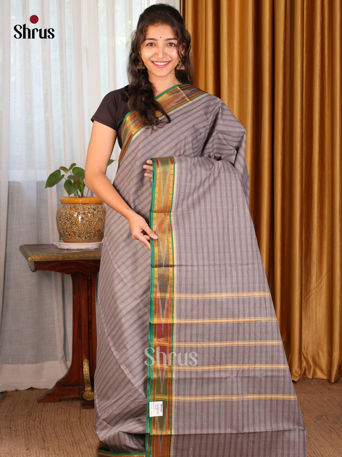 Grey with Green - DDS18039 - South Cotton Saree - Shop on Shrus.com