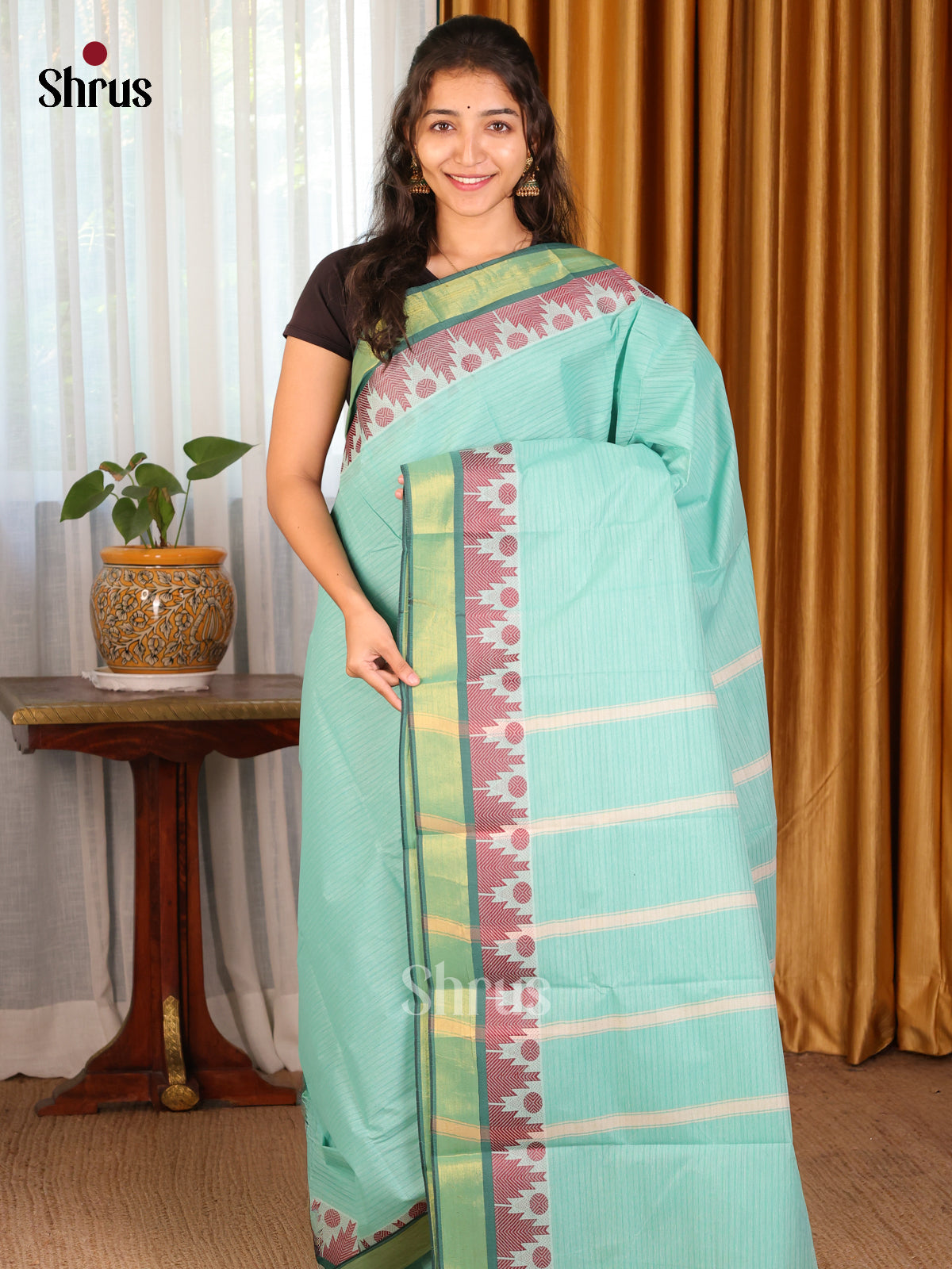 Pastel Blue with Green - DDS18046 - South Cotton Saree - Shop on Shrus.com