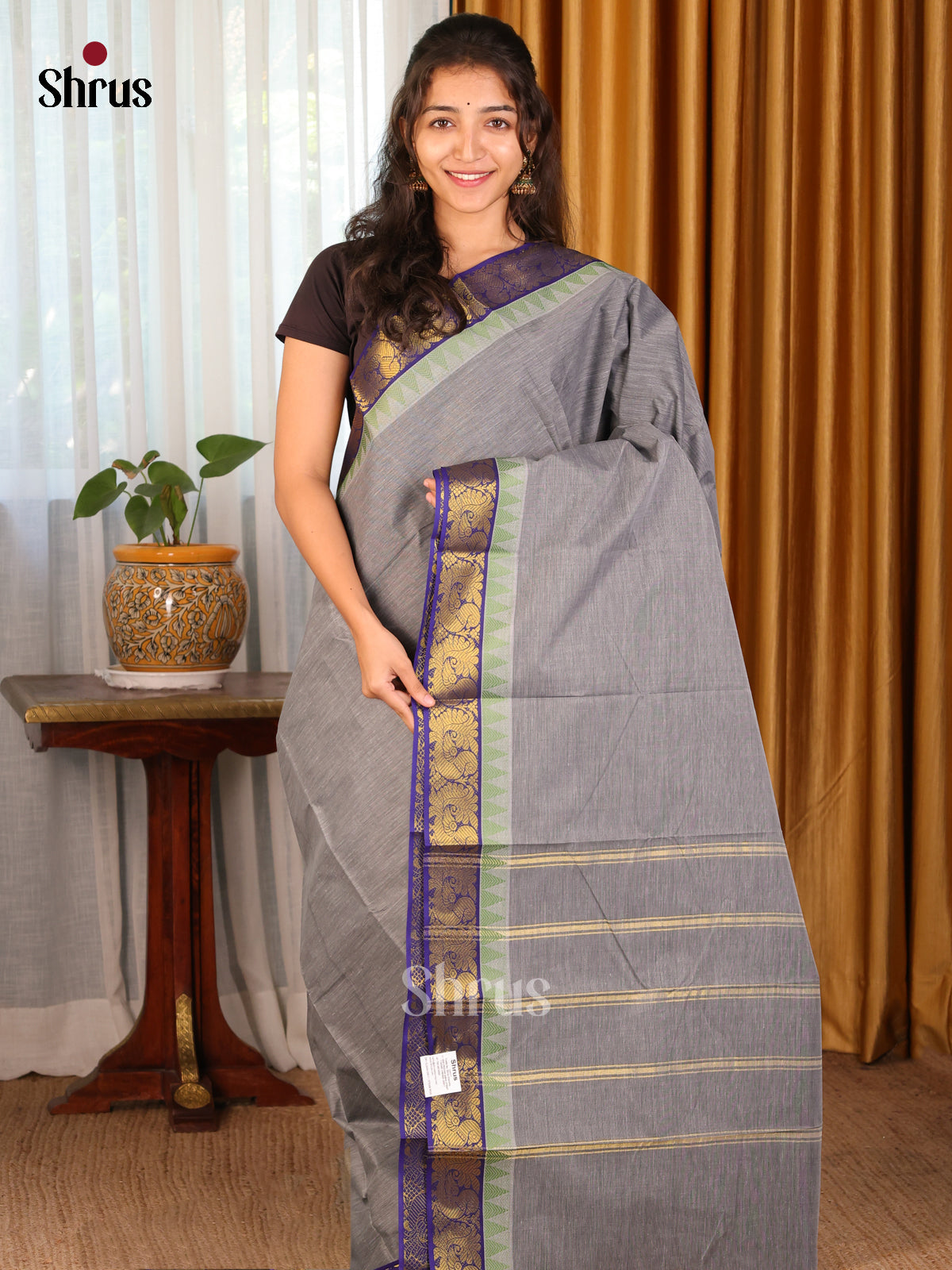 Grey with Blue -  DDS18053 - South Cotton Saree - Shop on Shrus.com