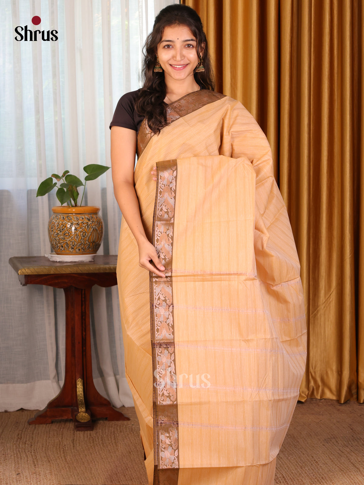 Peach with Mehandi - DDS18068 - South Cotton Saree - Shop on Shrus.com