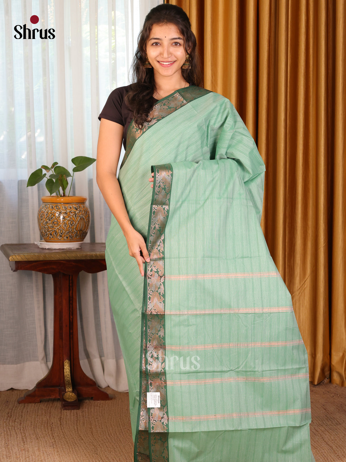 Pastel Green with Green -DDS18077 - South Cotton Saree - Shop on Shrus.com
