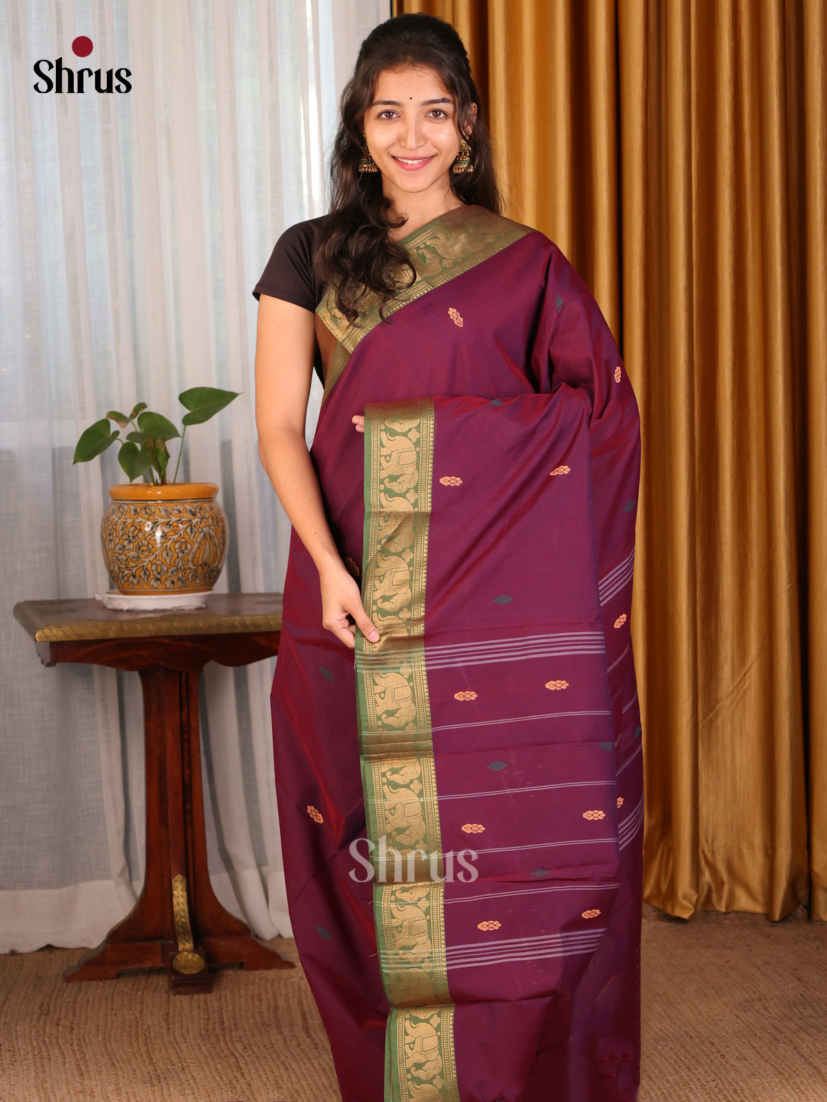 Violet with Green - DDS18110 - Chettinad Mix Cotton Saree - Shop on Shrus.com