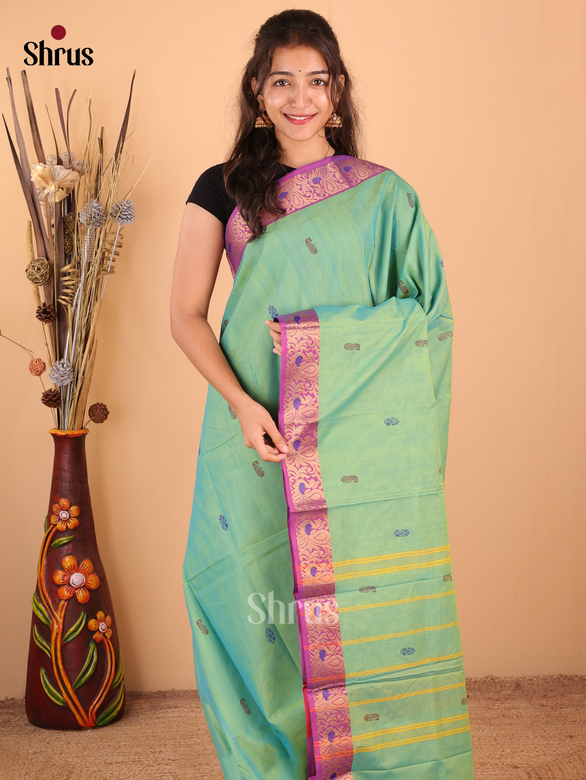 Green with Purple - DDS18172 - Chettinad Mix Cotton Saree - Shop on Shrus.com