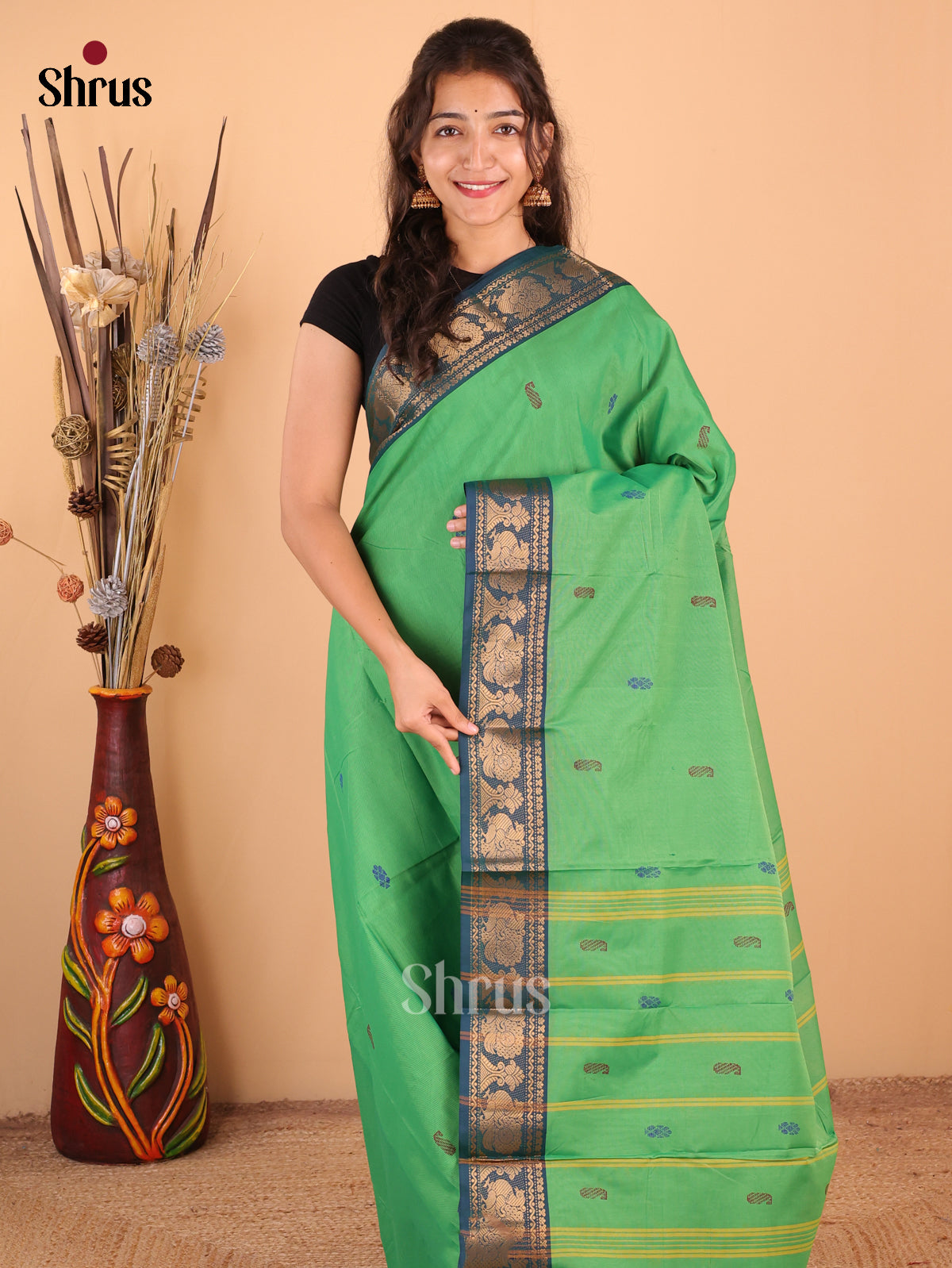 Green with Blue - DDS18173 - Chettinad Mix Cotton Saree - Shop on Shrus.com