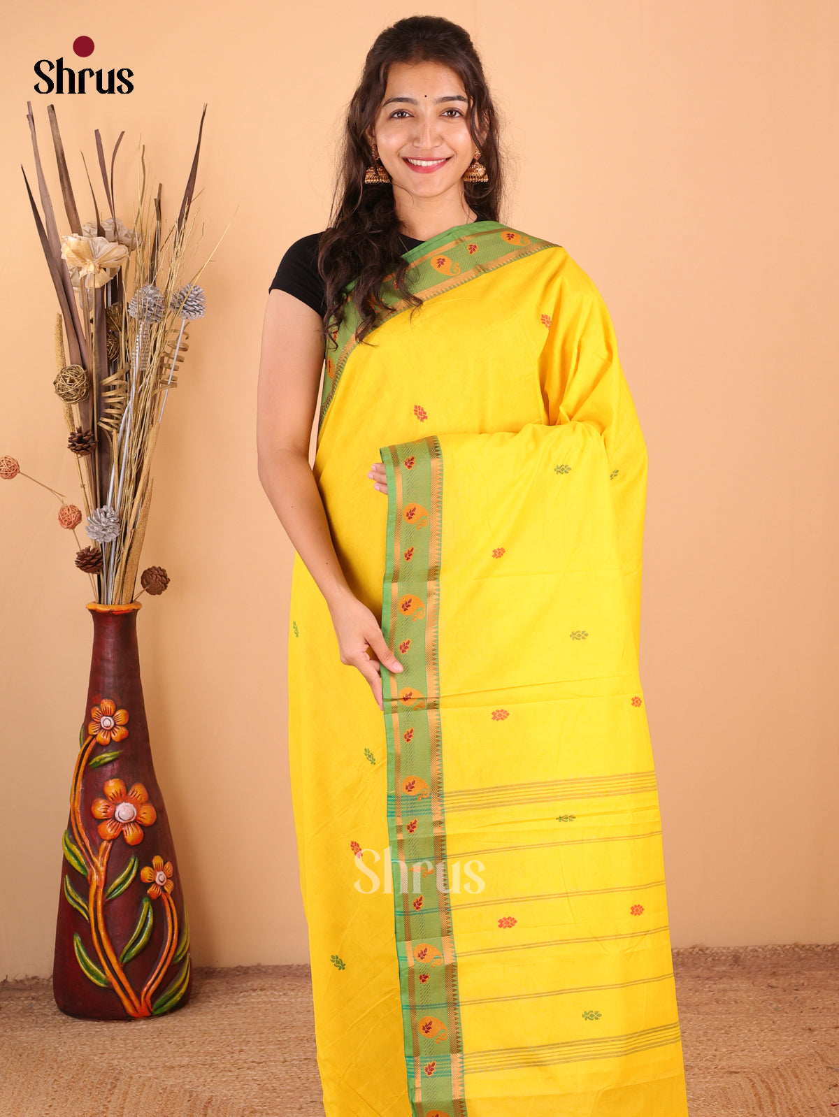 Yellow with Green - DDS18181 - Chettinad Mix Cotton Saree - Shop on Shrus.com
