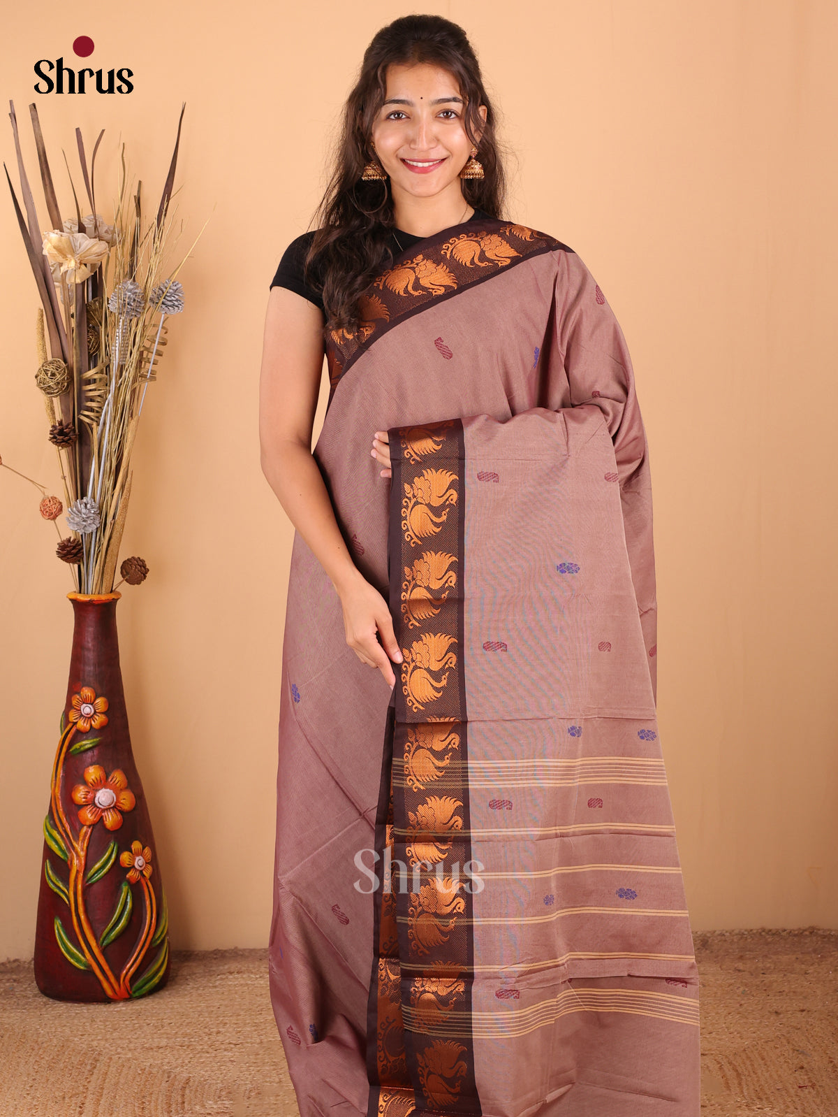 Dusty Brown with Brown - DDS18189 - Chettinad Mix Cotton Saree - Shop on Shrus.com
