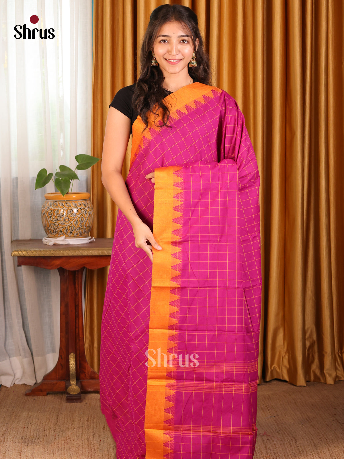 Pink with Mustard -  Chettinad Mix Cotton Saree - Shop on Shrus.com