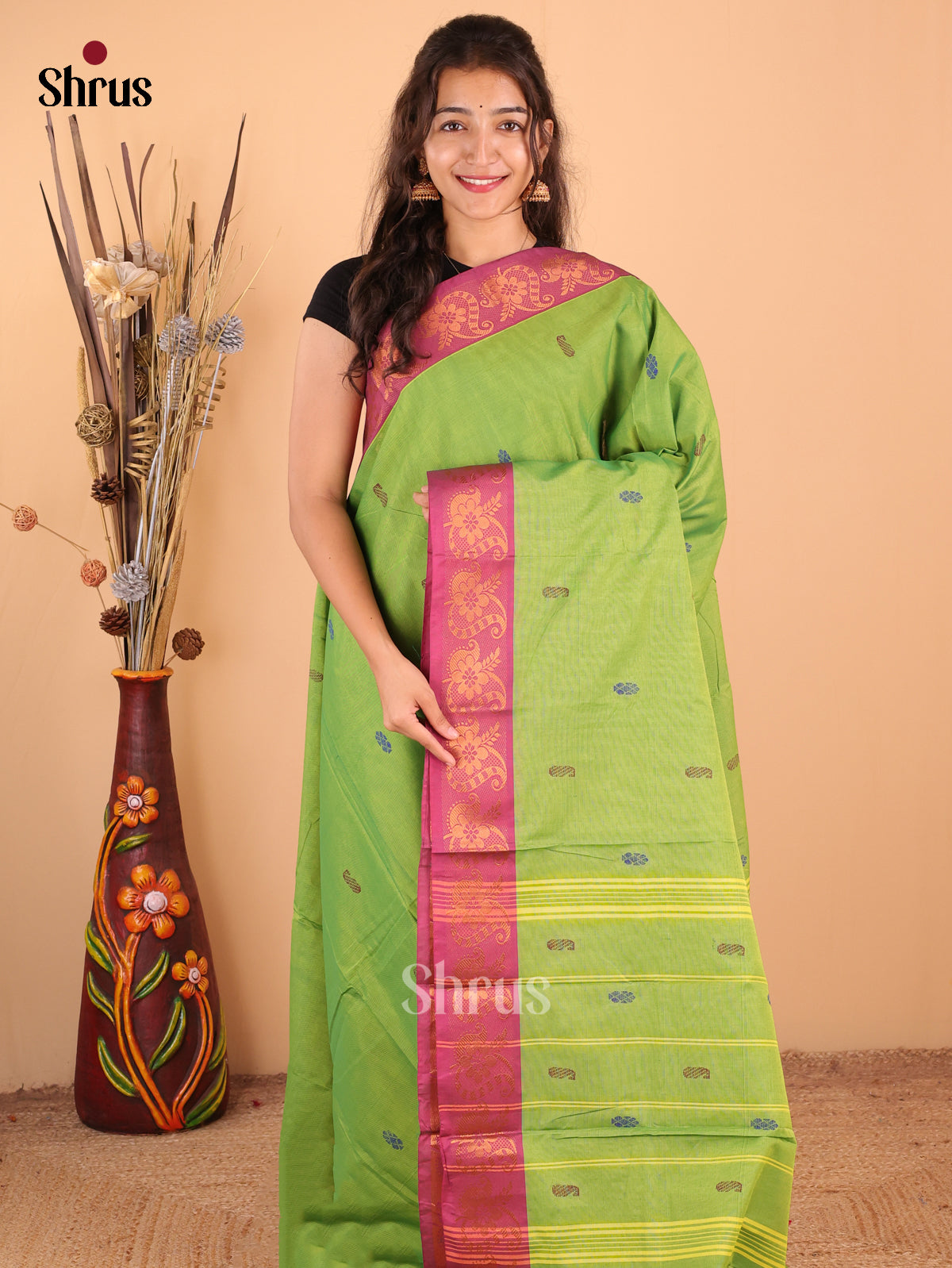 Lite Green with Pink - DDS18197 - Chettinad Mix Cotton Saree - Shop on Shrus.com