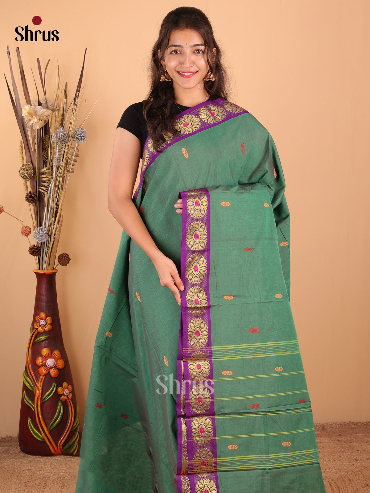Green with Purple - Chettinad Mix Cotton Saree - Shop on Shrus.com