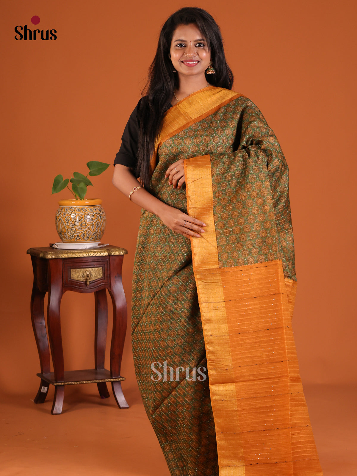 Green with Orange - Printed Tussar Saree - Shop on Shrus.com