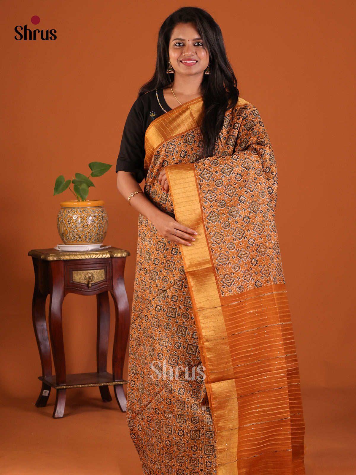 Brick Orange - Printed Tussar Saree - Shop on Shrus.com