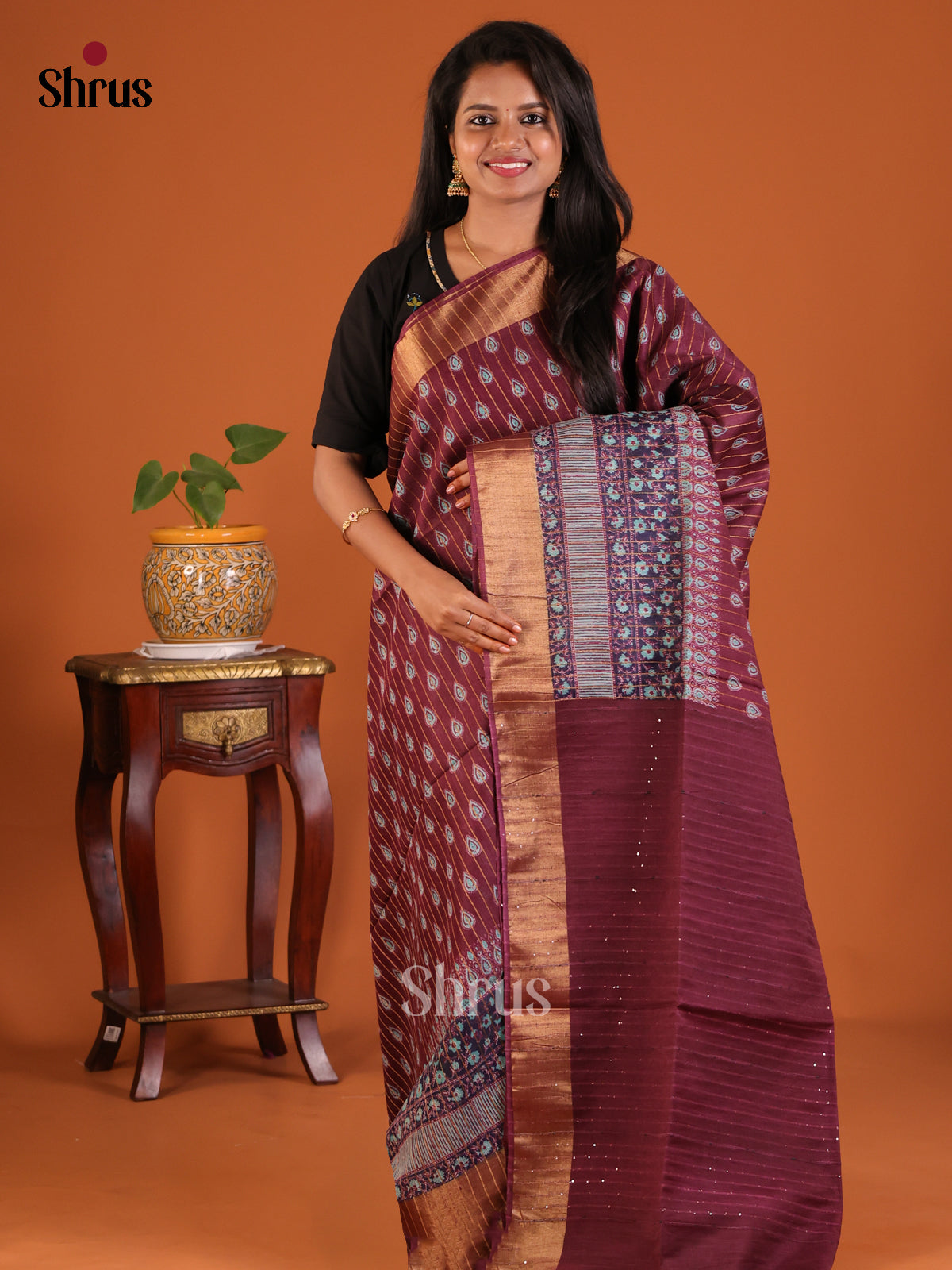 Maroon - Printed Tussar Saree - Shop on Shrus.com