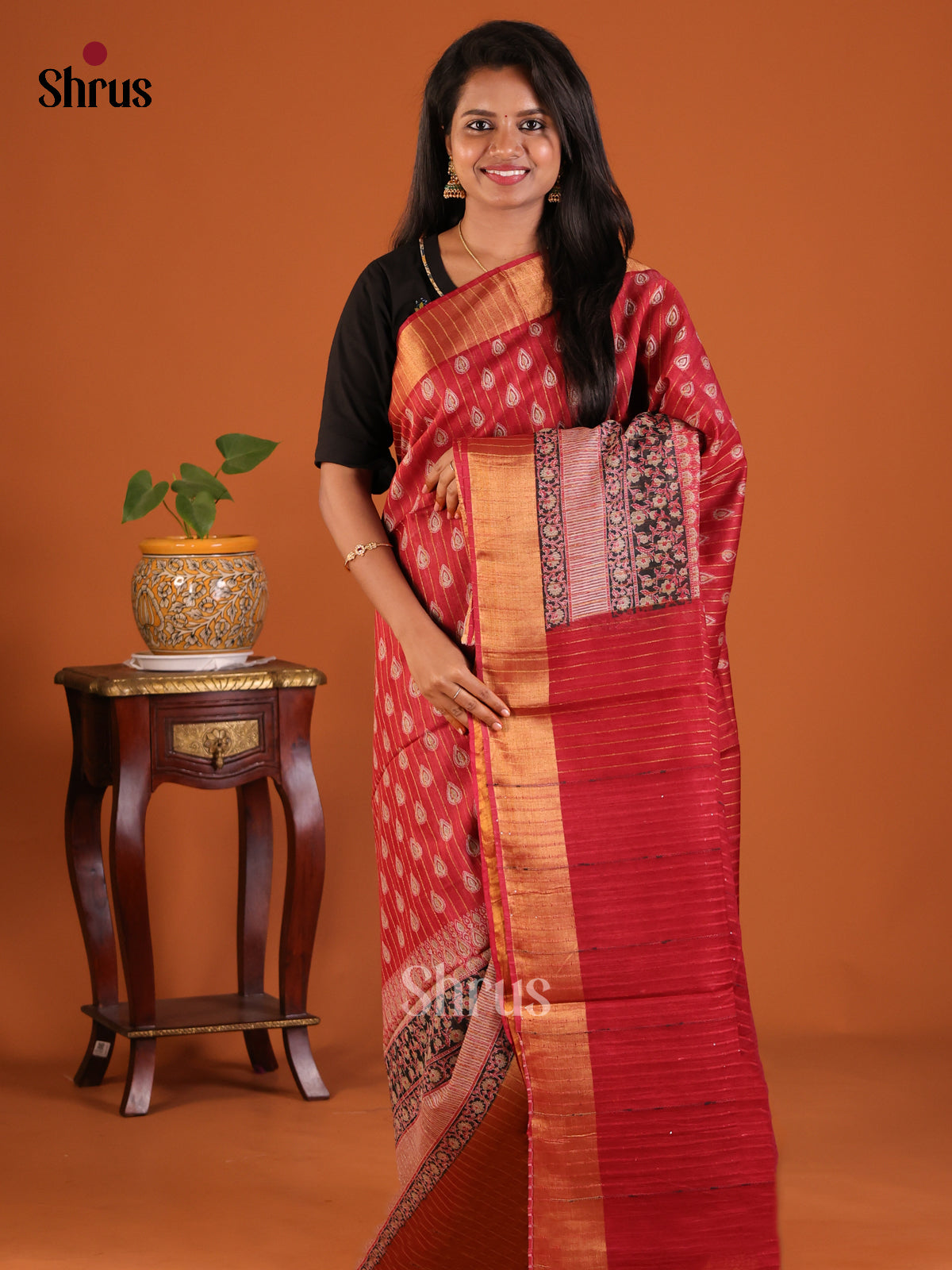 Red - Printed Tussar Saree - Shop on Shrus.com