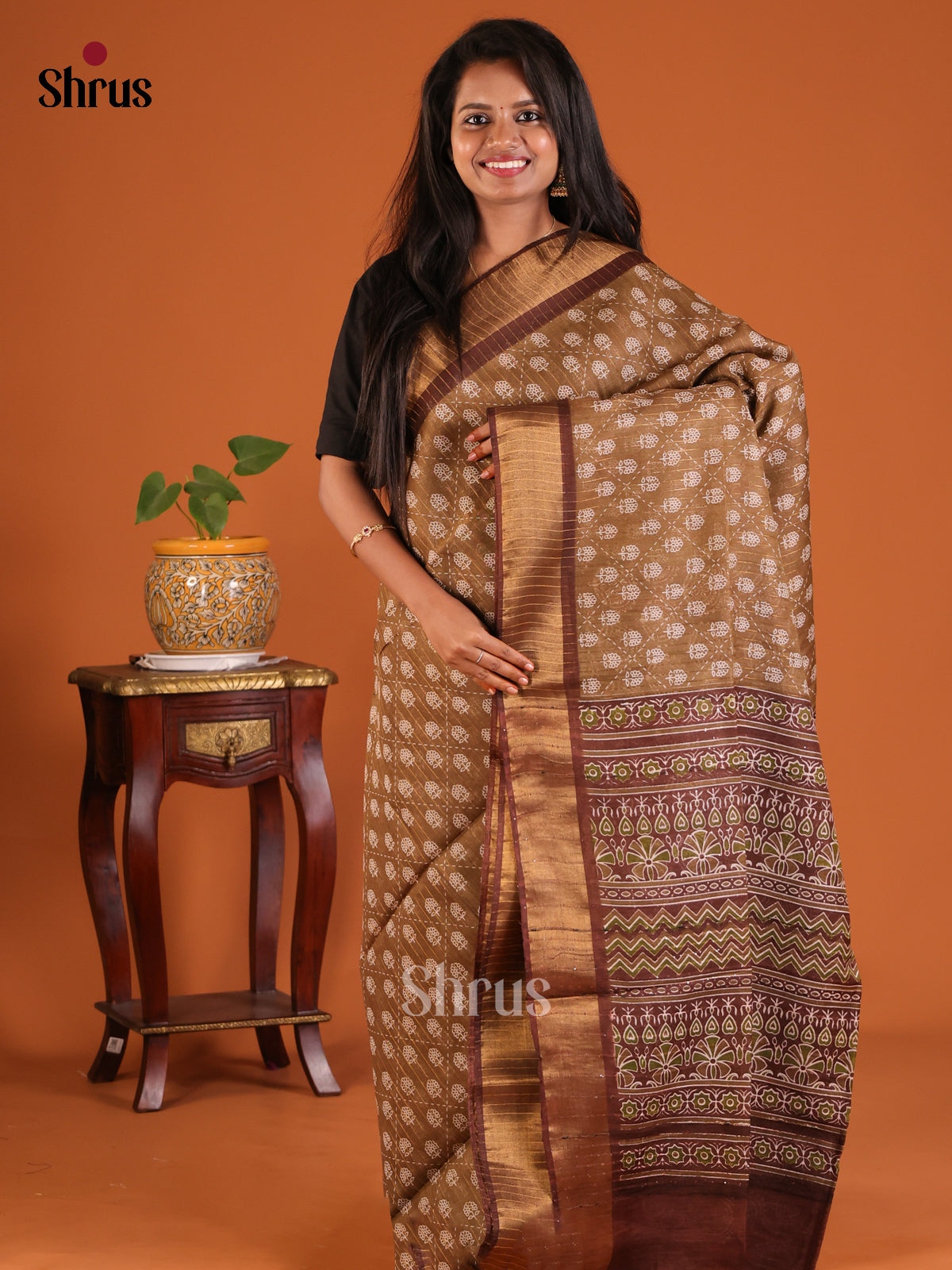 Brown- Printed Tussar Saree - Shop on Shrus.com