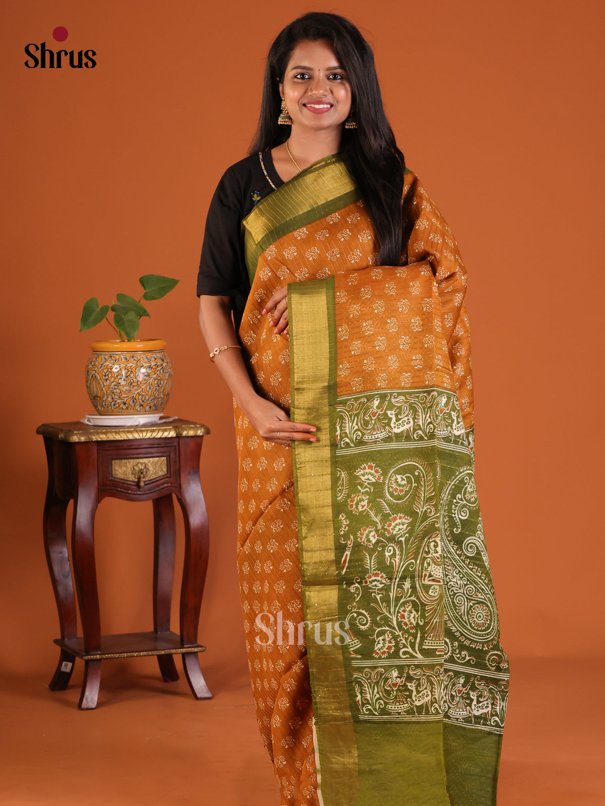 Dark Mustard & Green - Printed Tussar Saree - Shop on Shrus.com