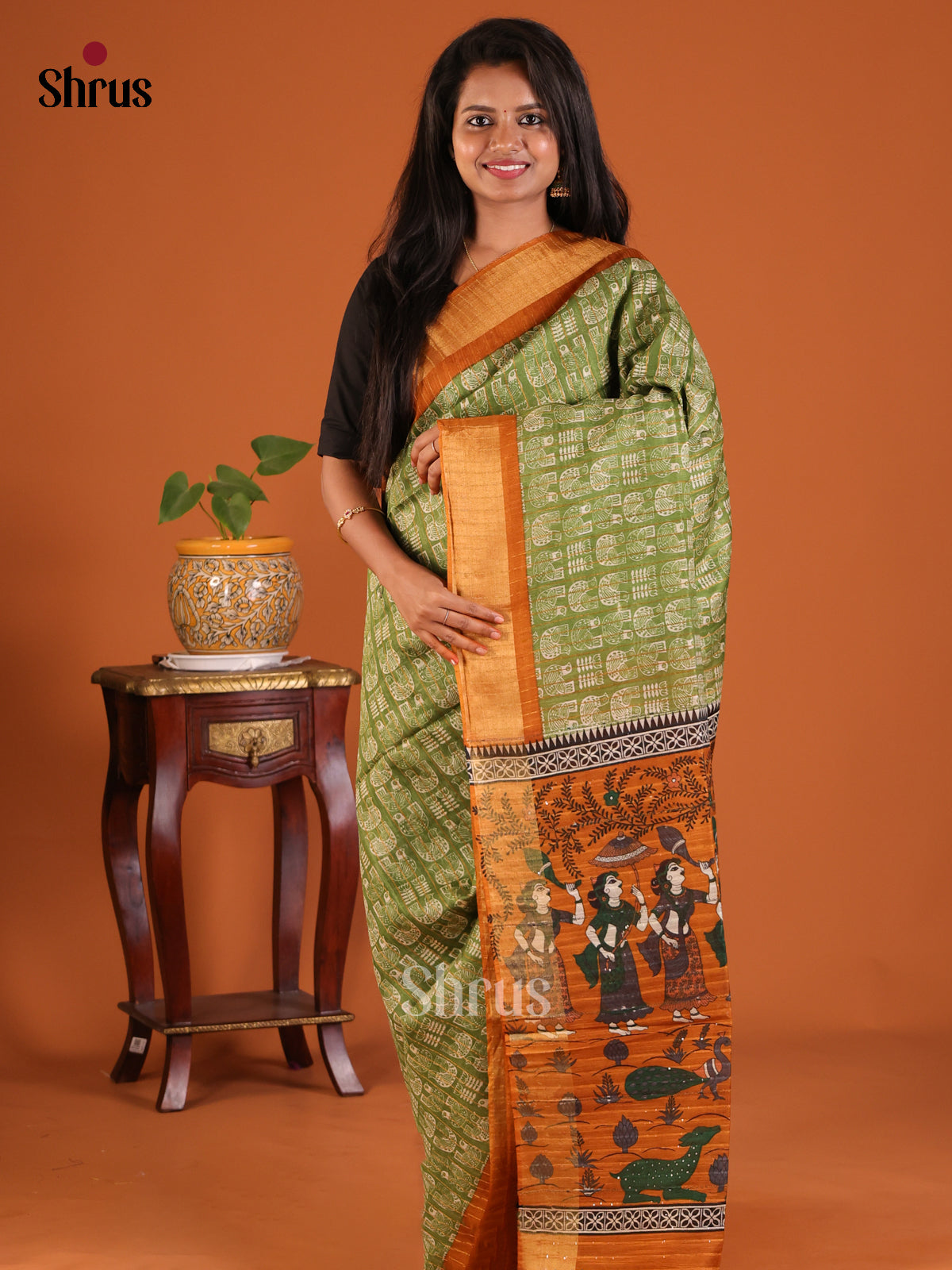 Lite Green with  Brick- Printed Tussar Saree - Shop on Shrus.com