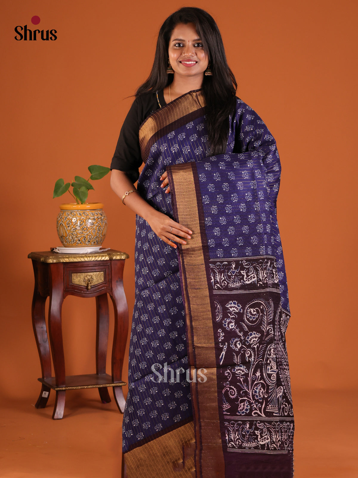 Blue with Brown - Printed Tussar Saree - Shop on Shrus.com