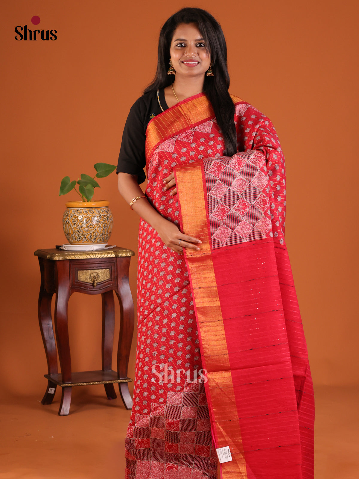 Red - Printed Tussar Saree - Shop on Shrus.com
