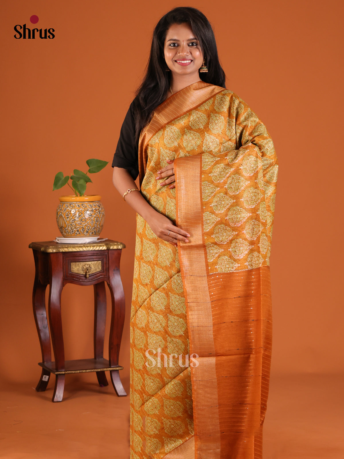 Brick - Printed Tussar Saree - Shop on Shrus.com