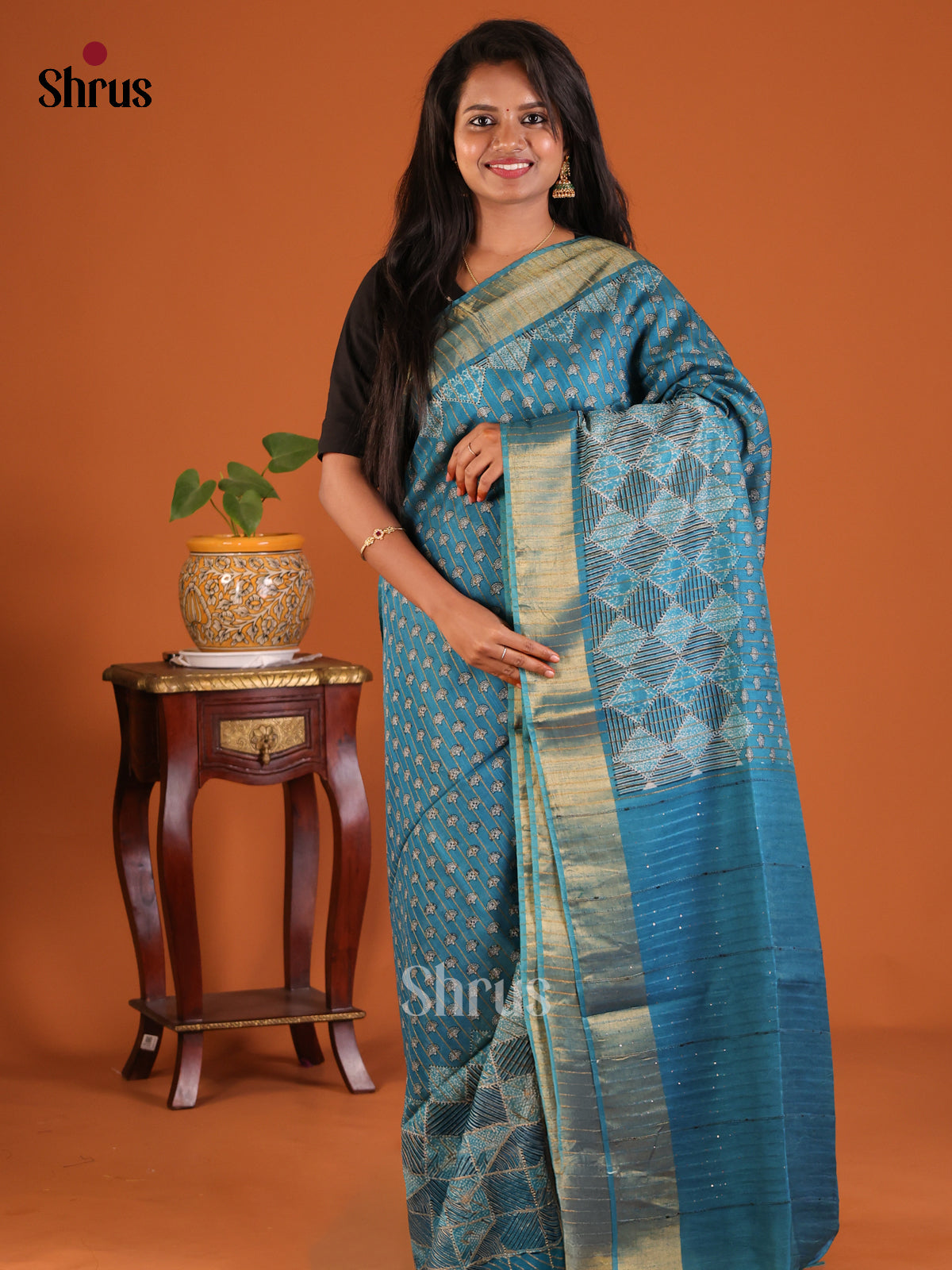 Blue- Printed Tussar Saree - Shop on Shrus.com