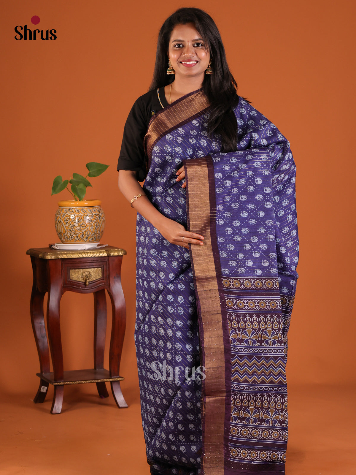 Blue with Purple- Printed Tussar Saree - Shop on Shrus.com