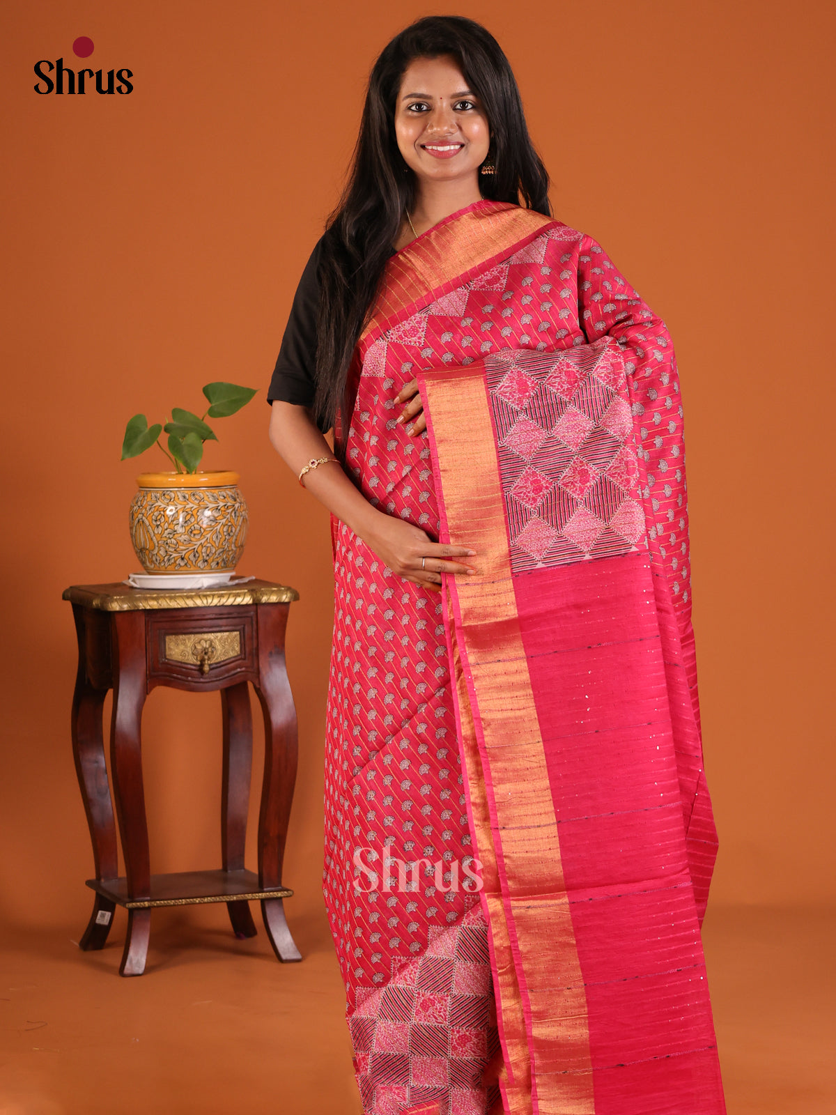 Reddish Pink - Printed Tussar Saree - Shop on Shrus.com