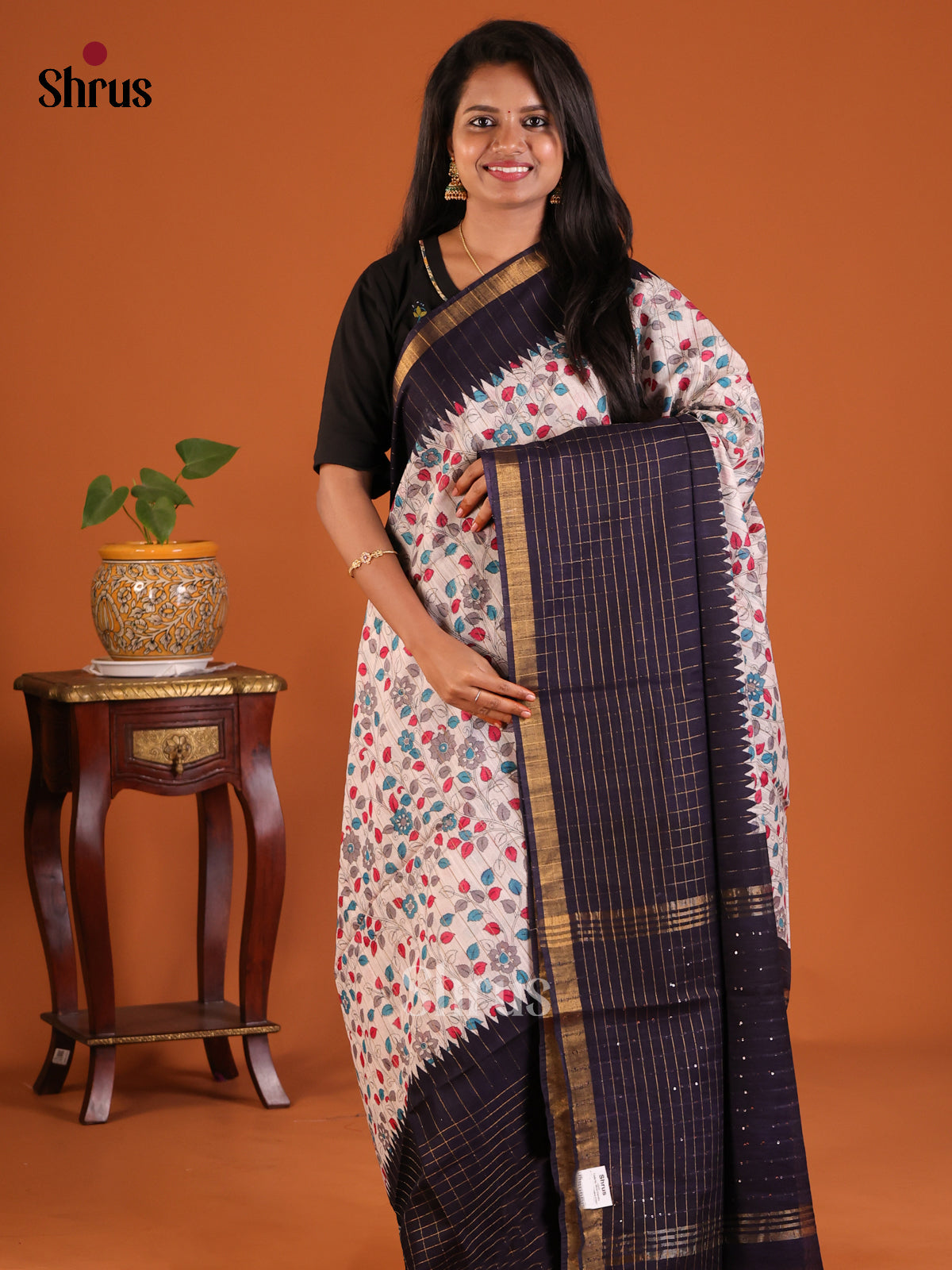 Cream with Navy Blue- Printed Tussar Saree - Shop on Shrus.com