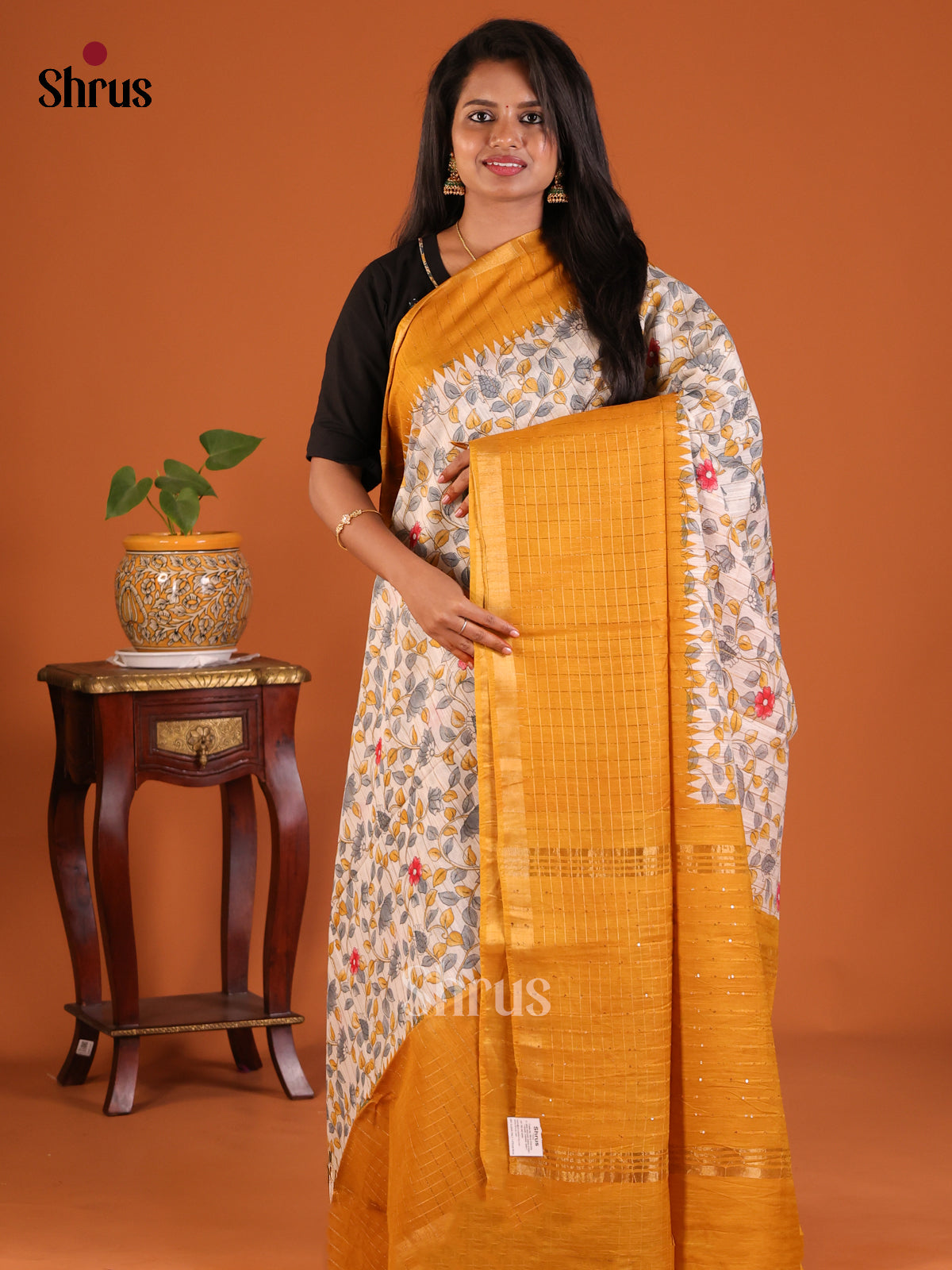 Cream with Mustard - Printed Tussar Saree - Shop on Shrus.com
