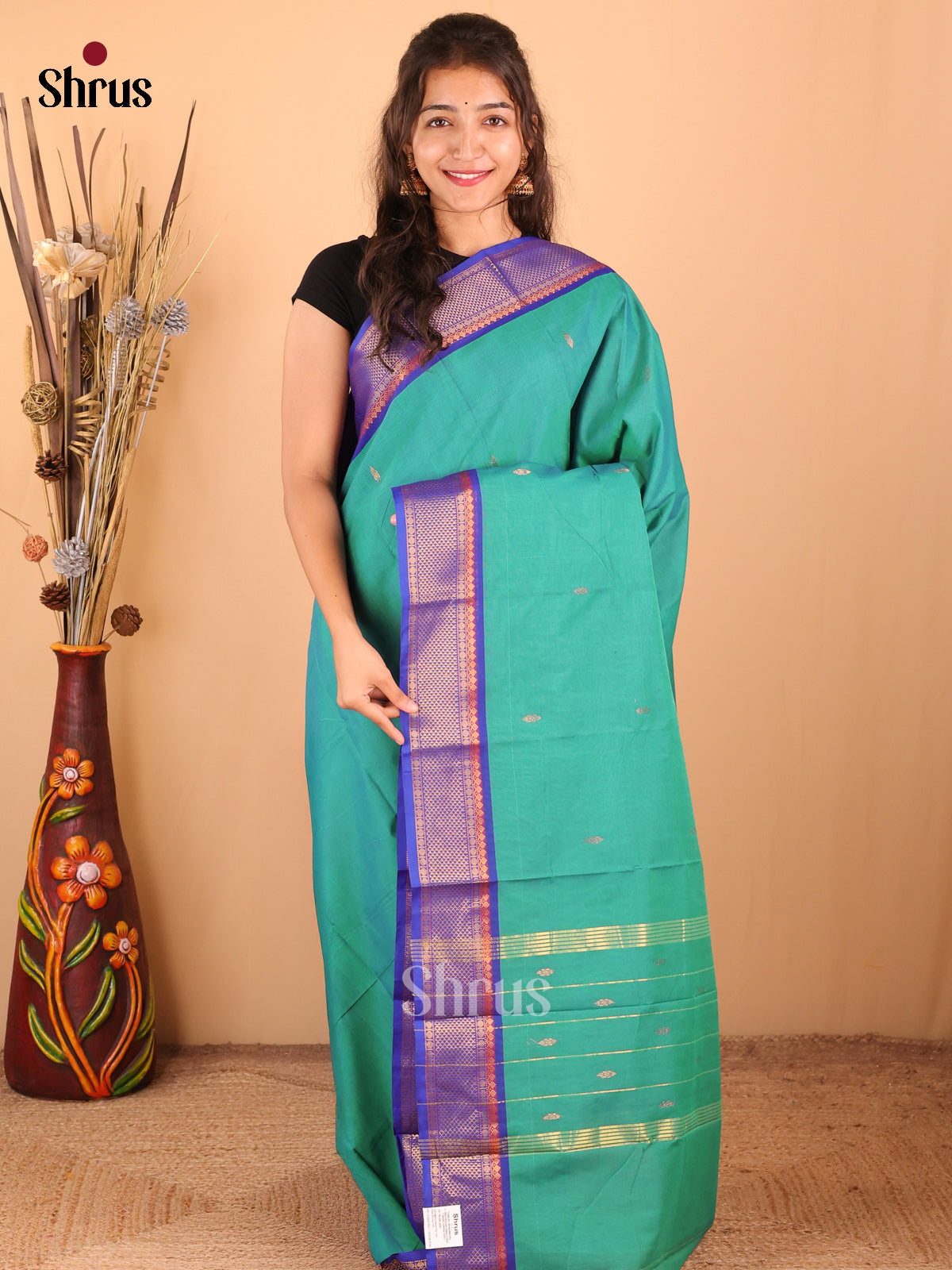 Teal Green with Blue - DDS18272 - Chettinad Mix Cotton Saree - Shop on Shrus.com