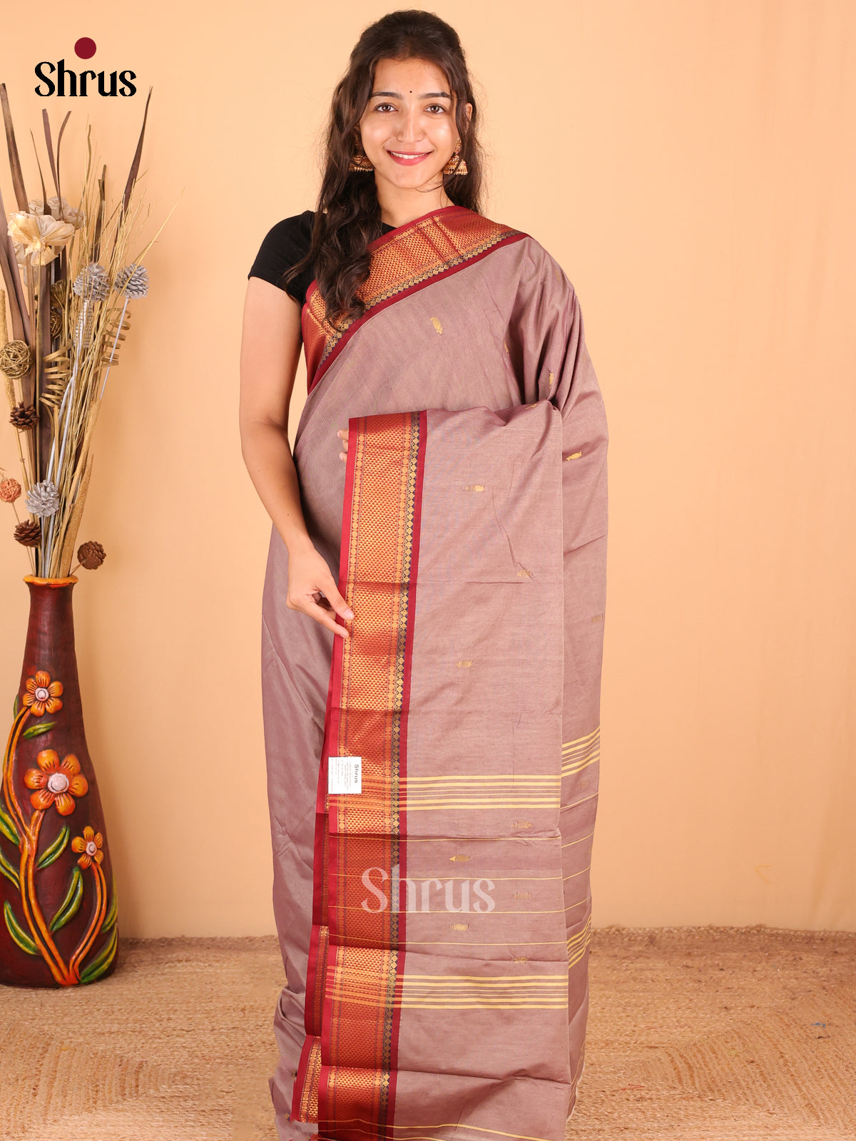 Dusty Brown with Maroon - DDS18273 - Chettinad Mix Cotton Saree - Shop on Shrus.com