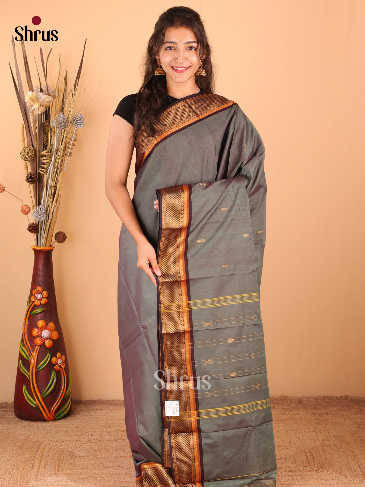 Grey with Black - DDS18275 - Chettinad Mix Cotton Saree - Shop on Shrus.com