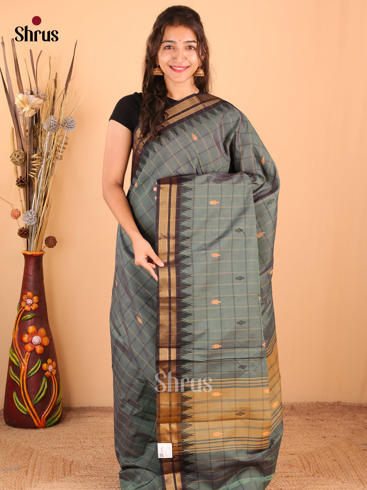 Grey with Black - DDS18277 - Chettinad Mix Cotton Saree - Shop on Shrus.com