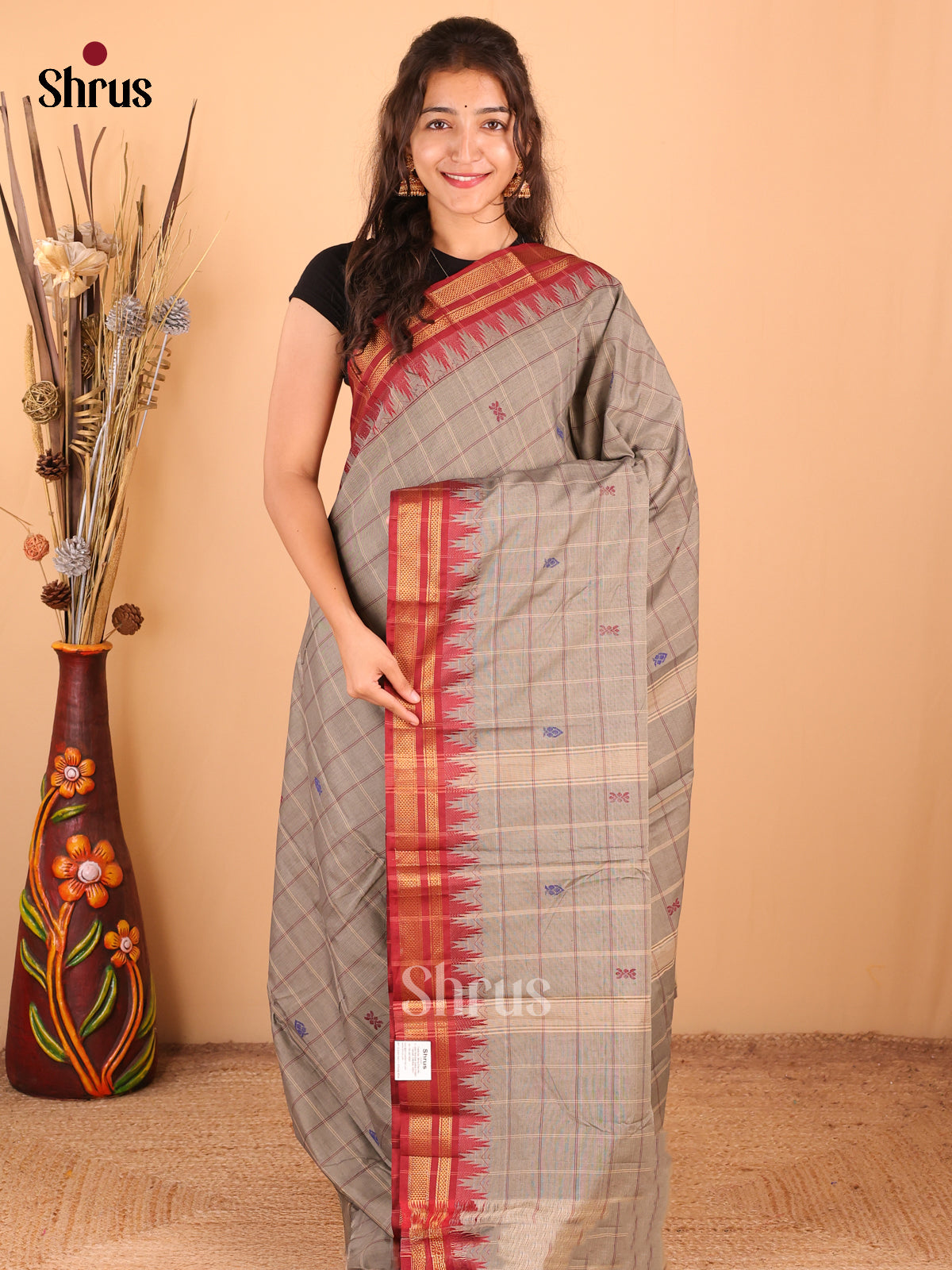 Grey with Maroon - DDS18282 - Chettinad Mix Cotton Saree - Shop on Shrus.com