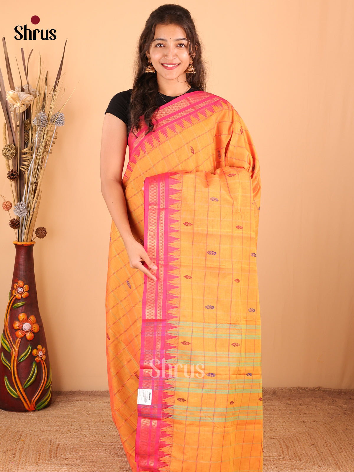 Orange with Pink - DDS18285 - Chettinad Mix Cotton Saree - Shop on Shrus.com